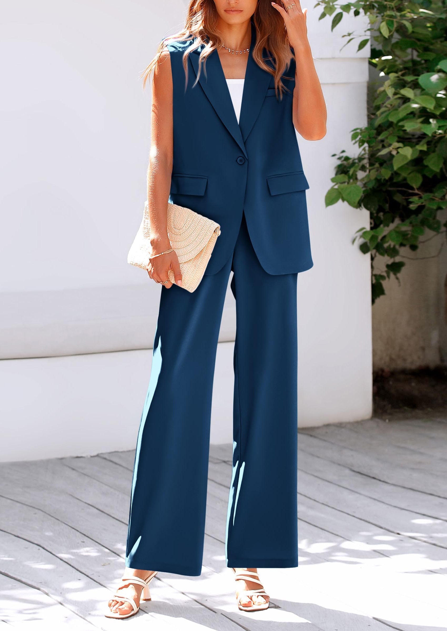 Chichi Women's 2 Piece Outfits Sleeveless Suit Vest and Wide Leg Pants Business Casual Blazer Sets Dark Blue