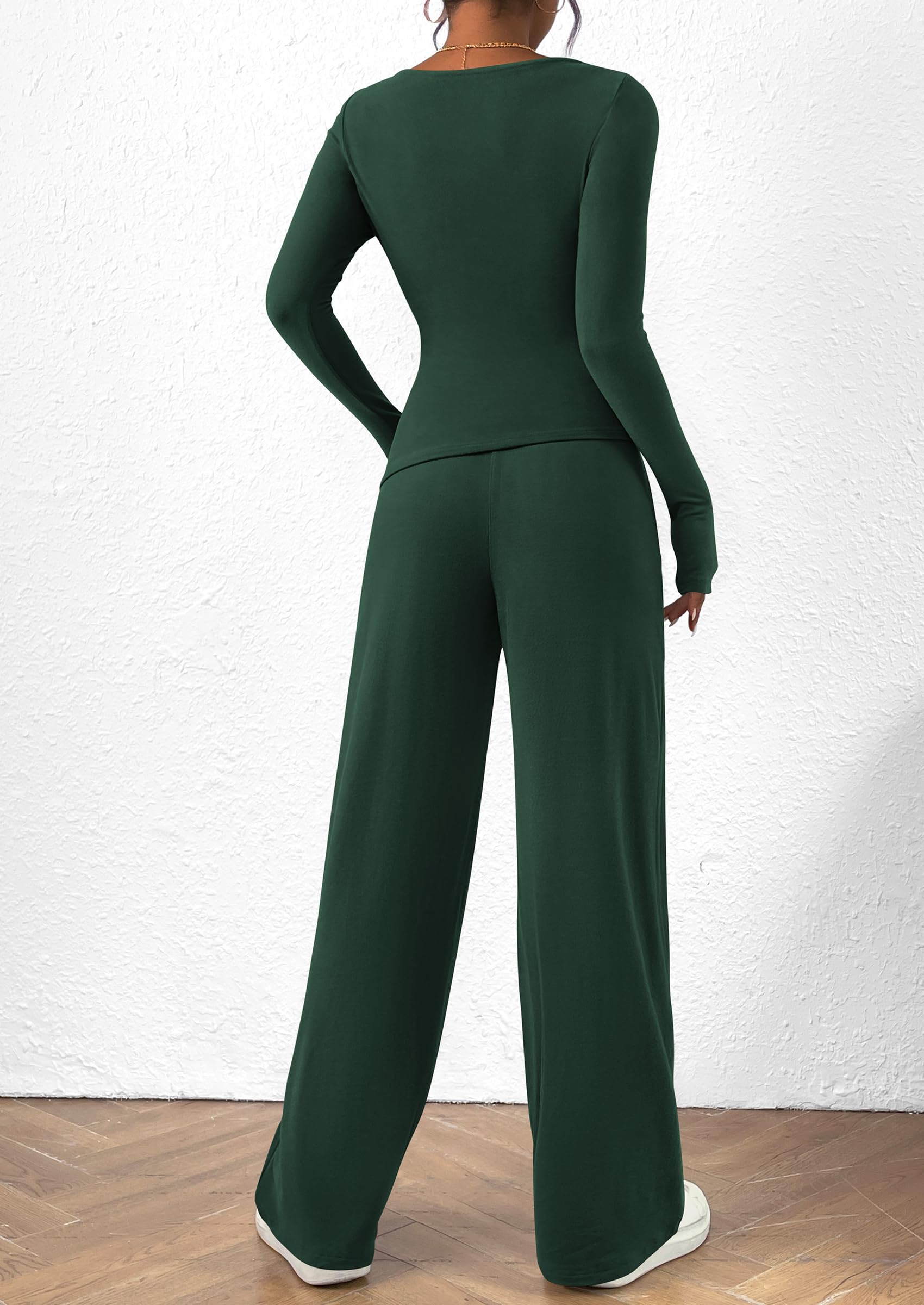 Chichi Women's 2 Piece Lounge Sets Asymmetrical Long Sleeve T Shirt Wide Leg Pants Casual Outfits Tracksuit Dark Green