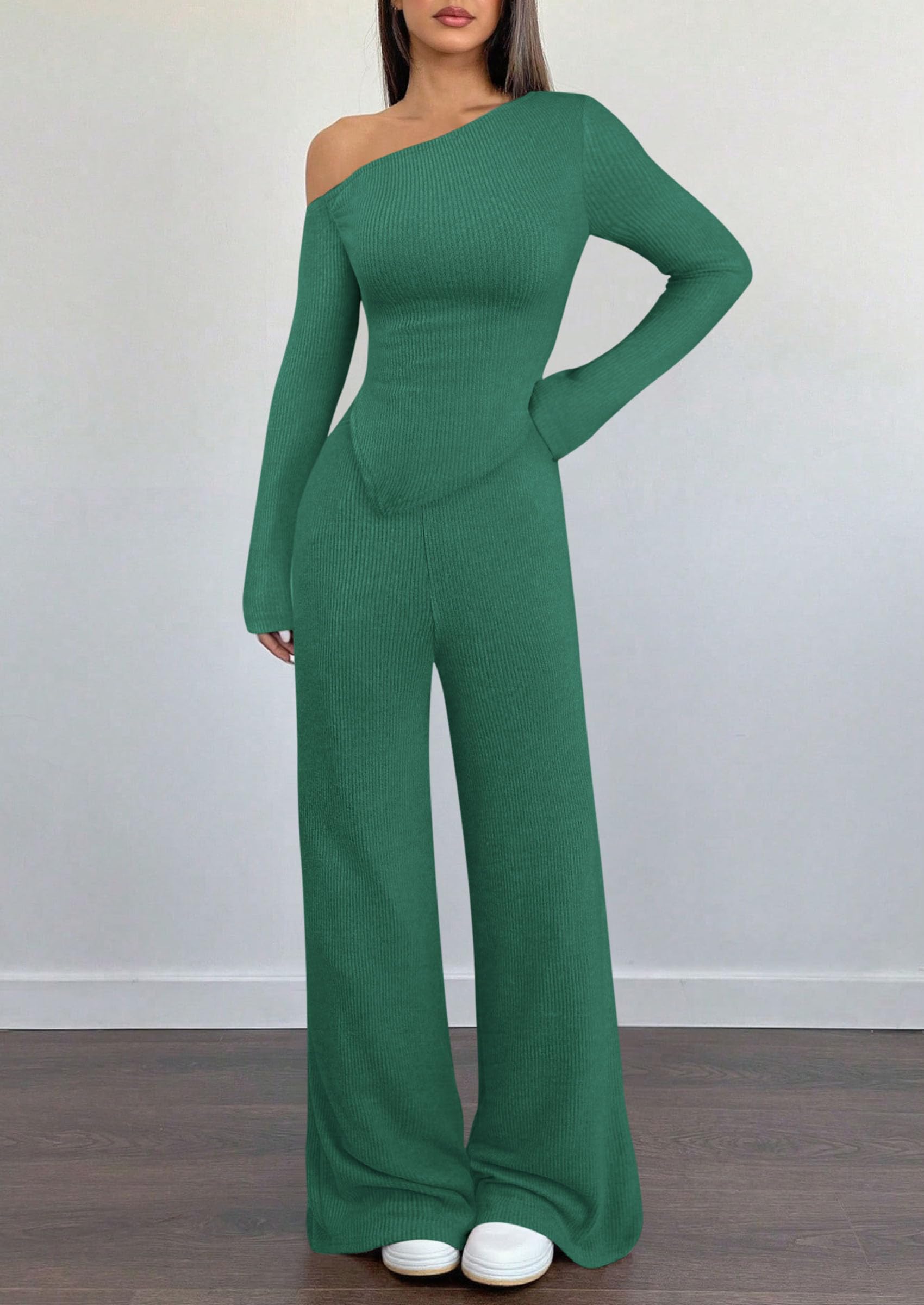 Chichi Casual Two Piece Sets for Women Fall Outfits Asymmetrical Off Shoulder Tops Wide Leg Pants Knit Lounge Set Dark Green