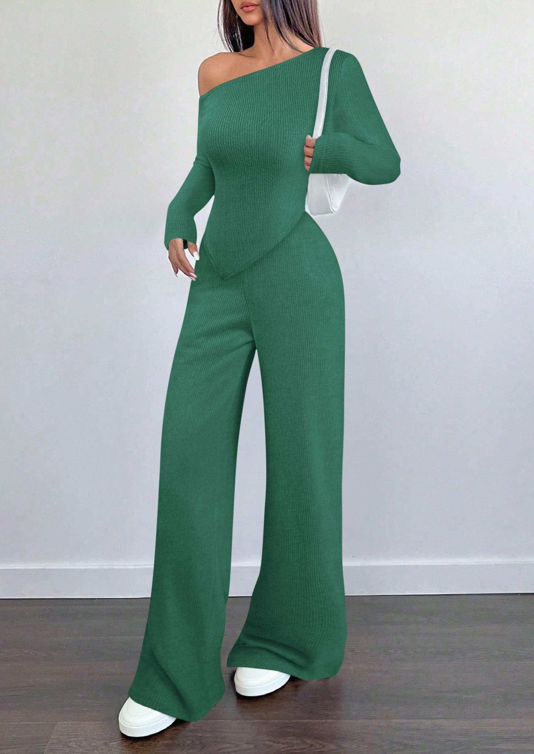 Chichi Casual Two Piece Sets for Women Fall Outfits Asymmetrical Off Shoulder Tops Wide Leg Pants Knit Lounge Set Dark Green
