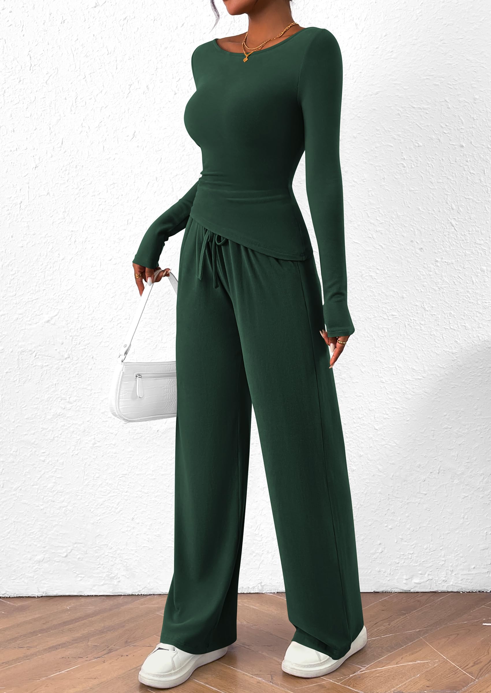 Chichi Women's 2 Piece Lounge Sets Asymmetrical Long Sleeve T Shirt Wide Leg Pants Casual Outfits Tracksuit Dark Green