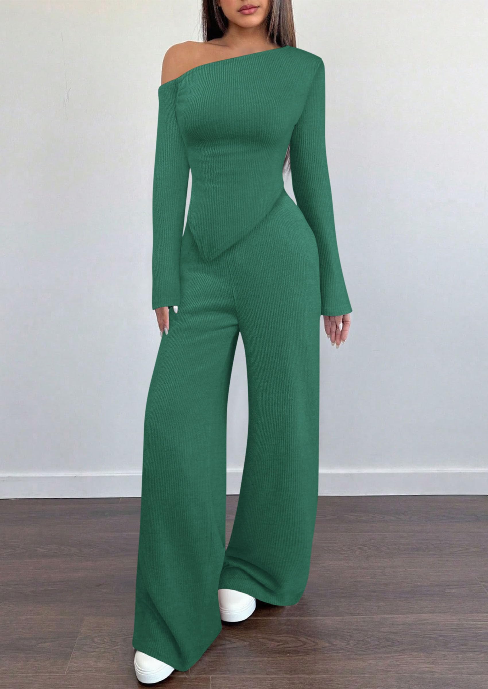 Chichi Casual Two Piece Sets for Women Fall Outfits Asymmetrical Off Shoulder Tops Wide Leg Pants Knit Lounge Set Dark Green