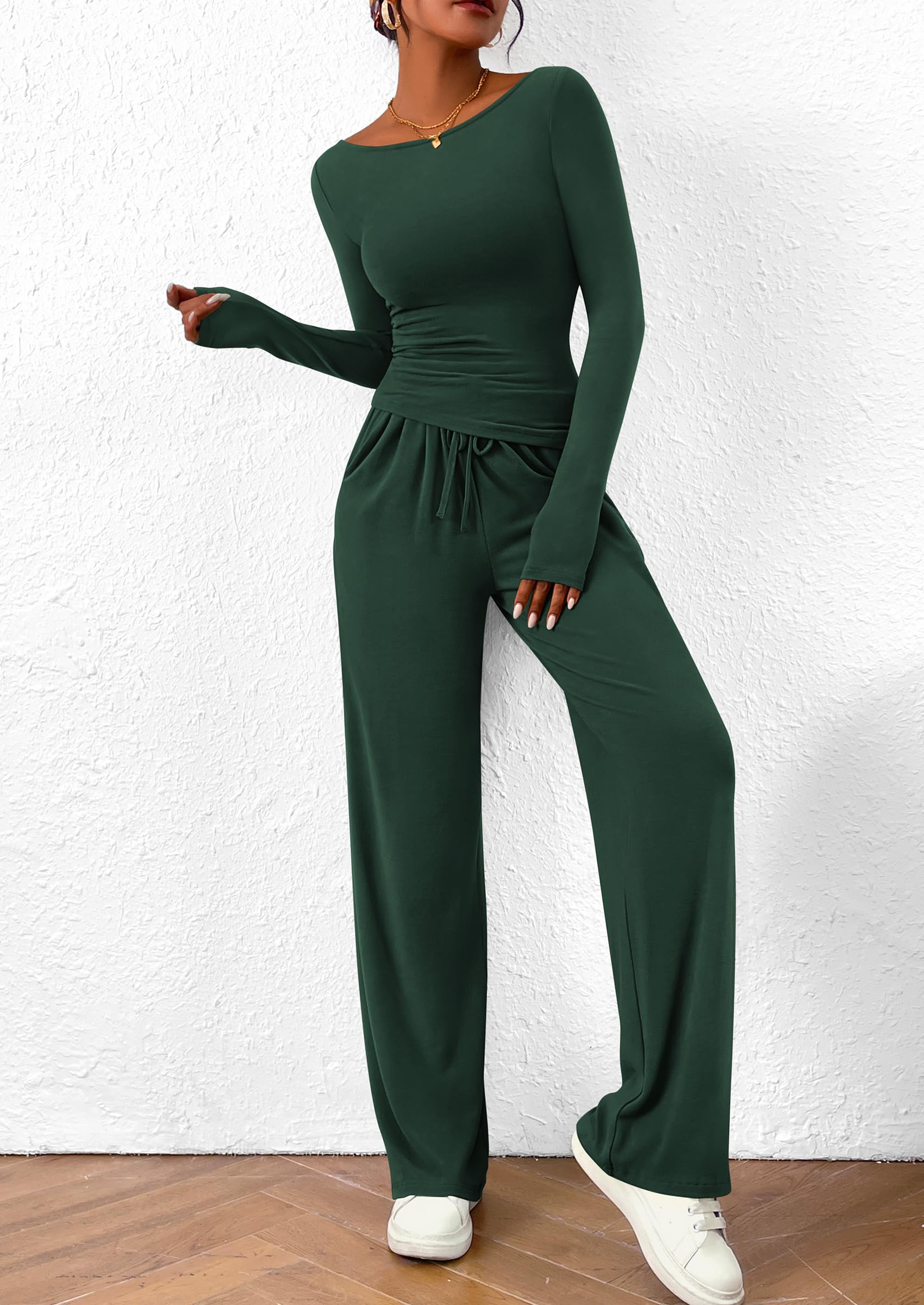 Chichi Women's 2 Piece Lounge Sets Asymmetrical Long Sleeve T Shirt Wide Leg Pants Casual Outfits Tracksuit Dark Green