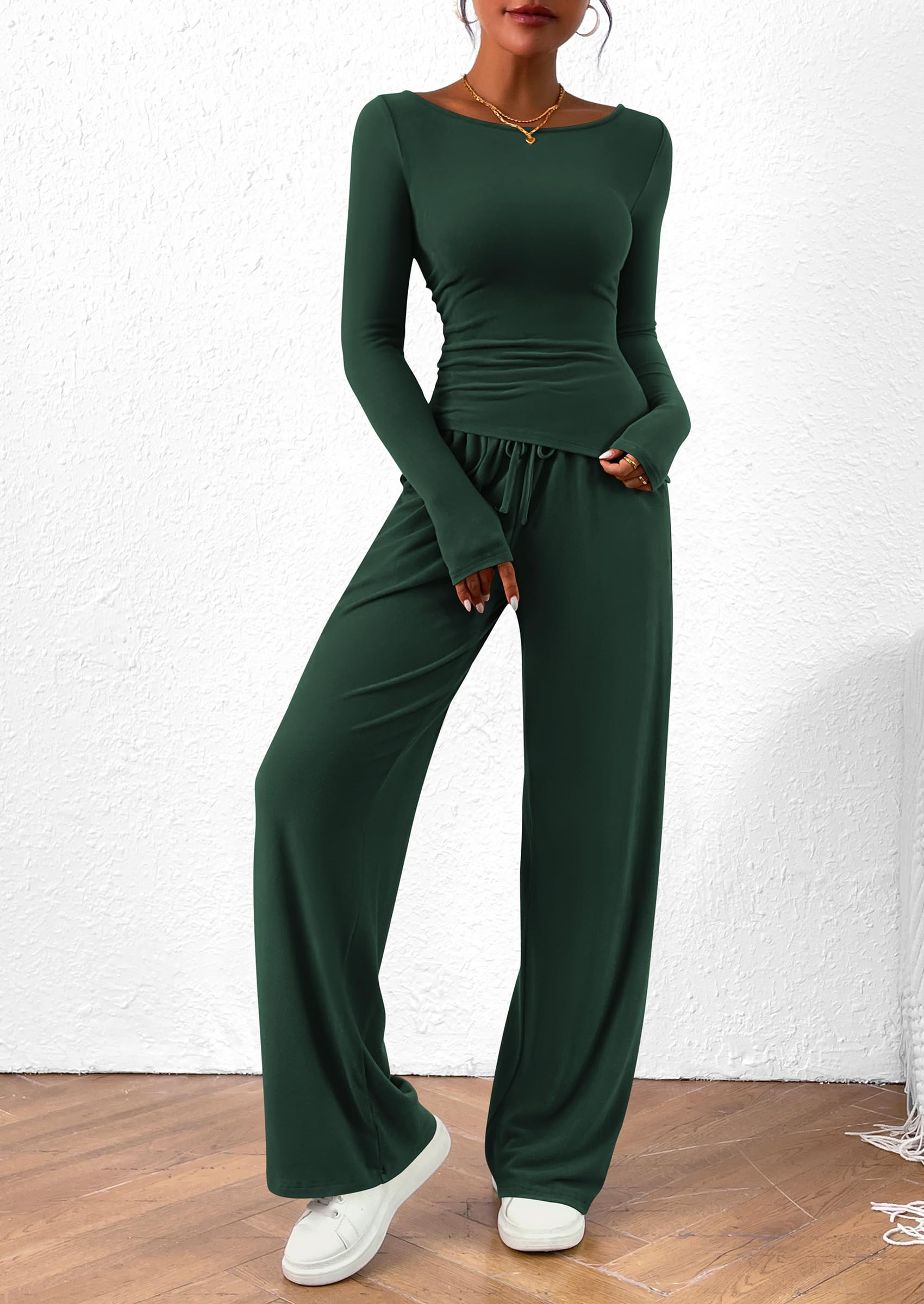 Chichi Women's 2 Piece Lounge Sets Asymmetrical Long Sleeve T Shirt Wide Leg Pants Casual Outfits Tracksuit Dark Green