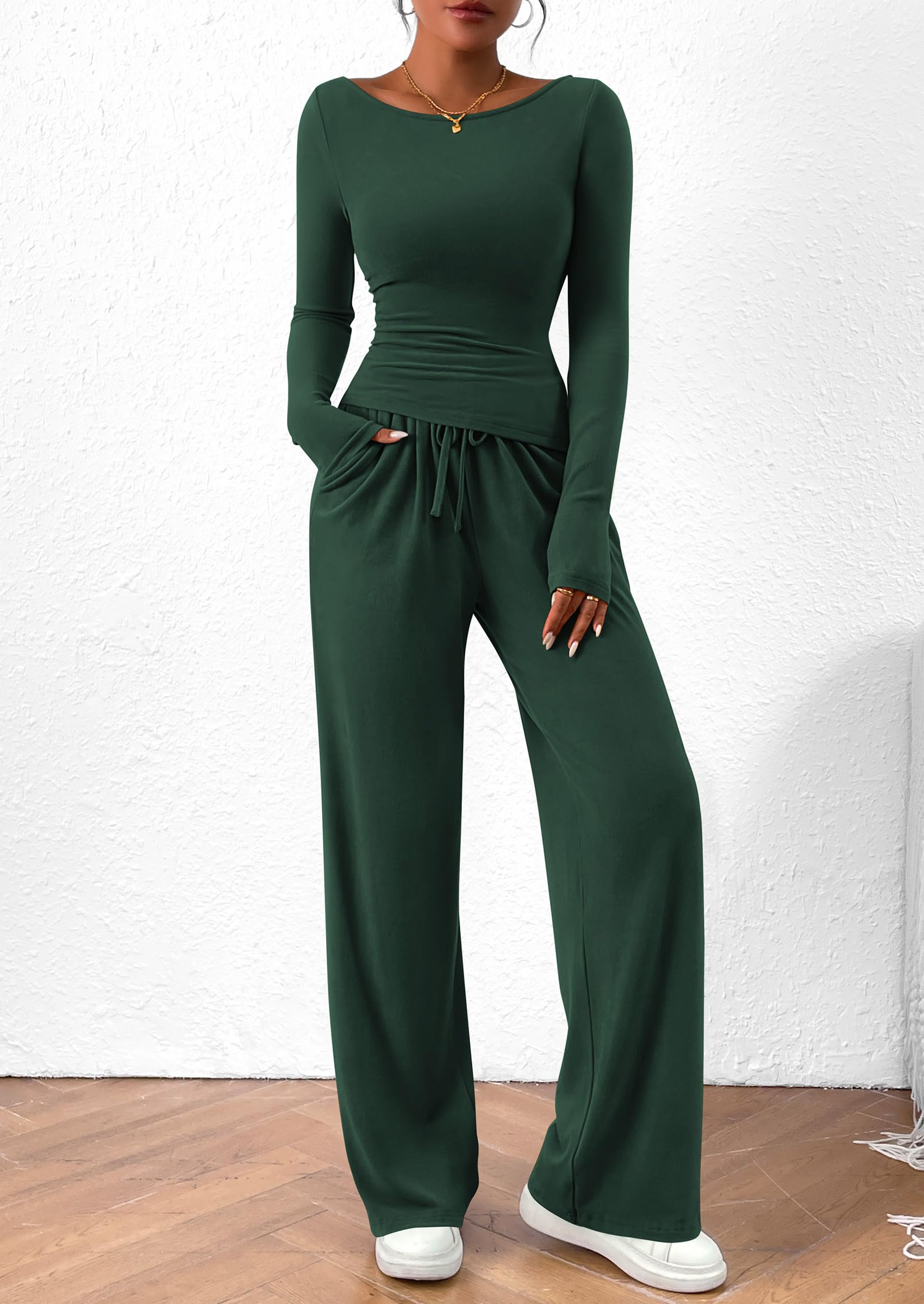 Chichi Women's 2 Piece Lounge Sets Asymmetrical Long Sleeve T Shirt Wide Leg Pants Casual Outfits Tracksuit Dark Green