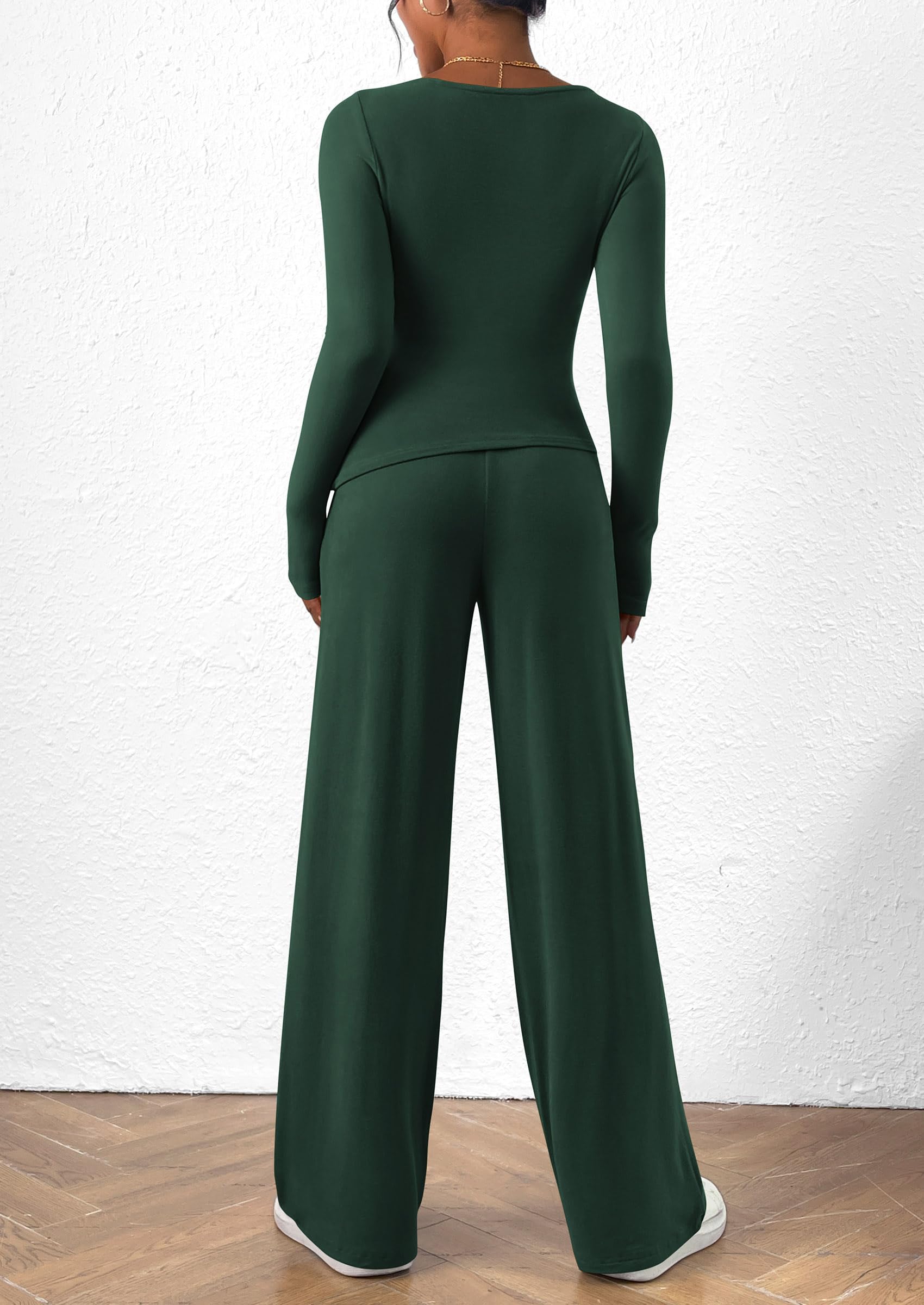 Chichi Women's 2 Piece Lounge Sets Asymmetrical Long Sleeve T Shirt Wide Leg Pants Casual Outfits Tracksuit Dark Green