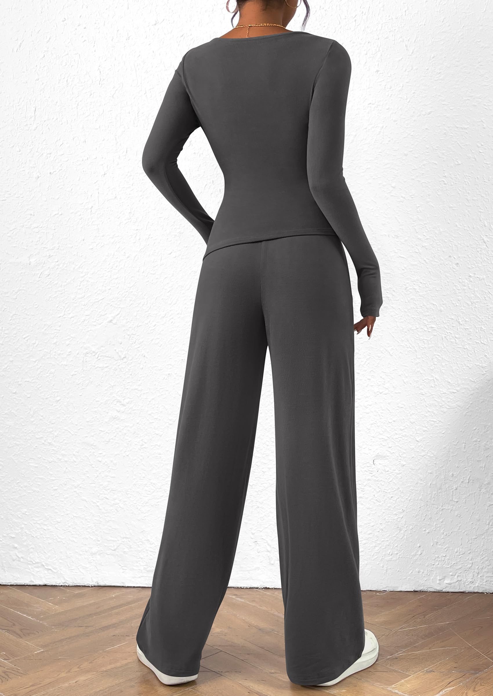 Chichi Women's 2 Piece Lounge Sets Asymmetrical Long Sleeve T Shirt Wide Leg Pants Casual Outfits Tracksuit Dark Grey