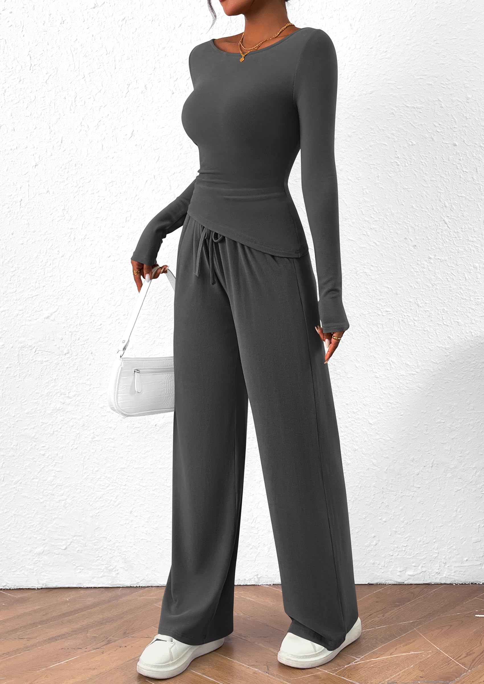 Chichi Women's 2 Piece Lounge Sets Asymmetrical Long Sleeve T Shirt Wide Leg Pants Casual Outfits Tracksuit Dark Grey