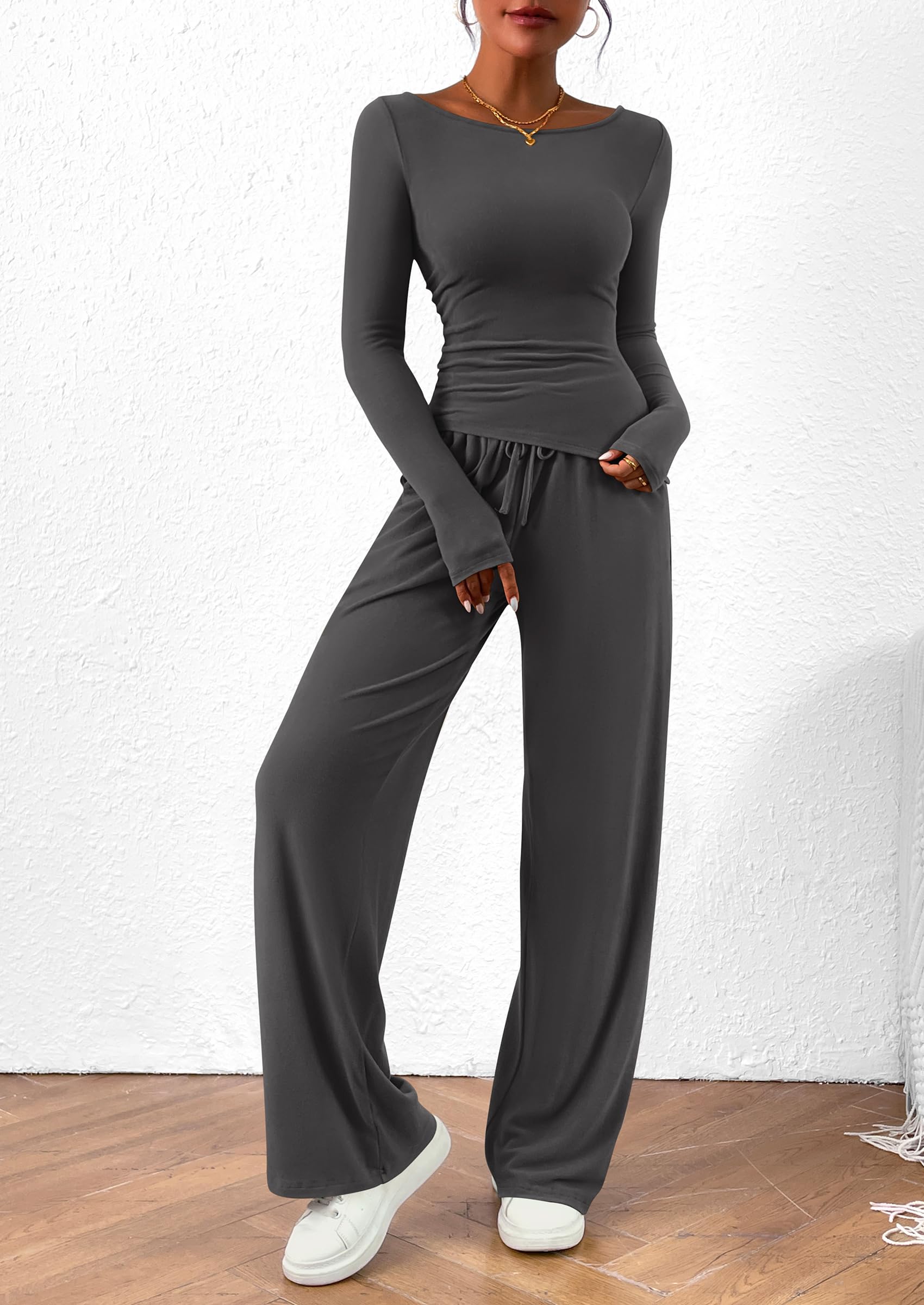Chichi Women's 2 Piece Lounge Sets Asymmetrical Long Sleeve T Shirt Wide Leg Pants Casual Outfits Tracksuit Dark Grey