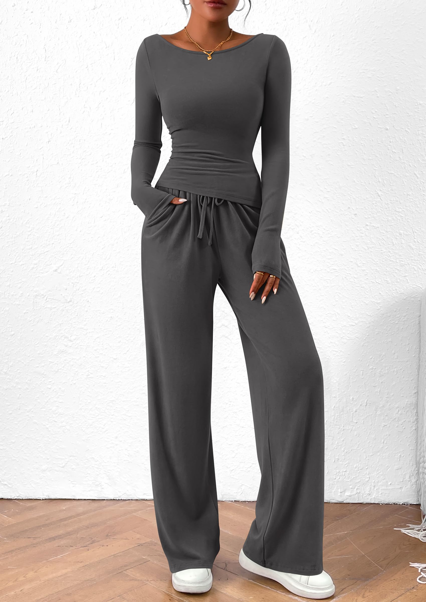 Chichi Women's 2 Piece Lounge Sets Asymmetrical Long Sleeve T Shirt Wide Leg Pants Casual Outfits Tracksuit Dark Grey