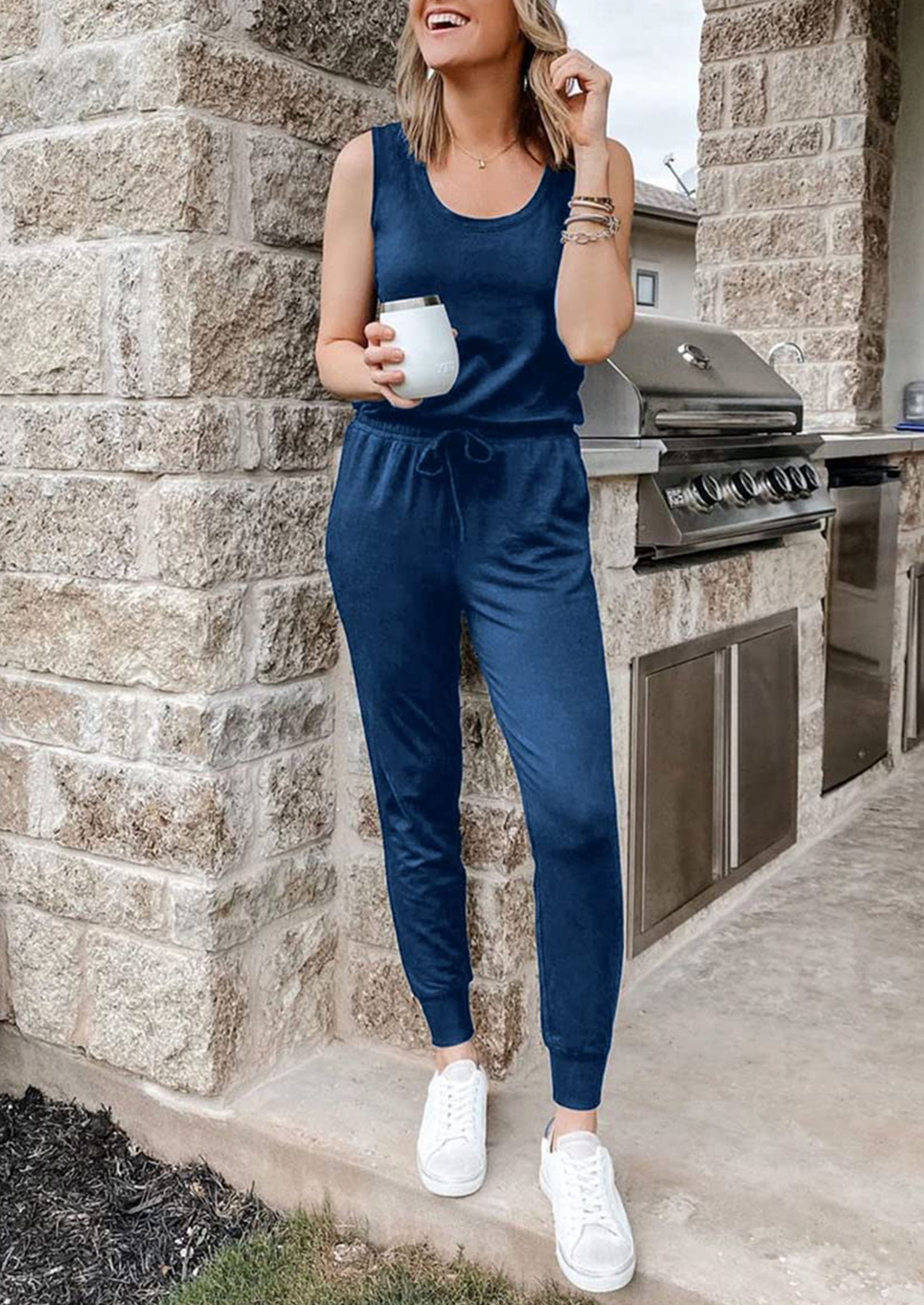 Chichi Two Piece Outfit Sets Casual Sleeveless Crewneck Tops and Sweatpants Dark Blue