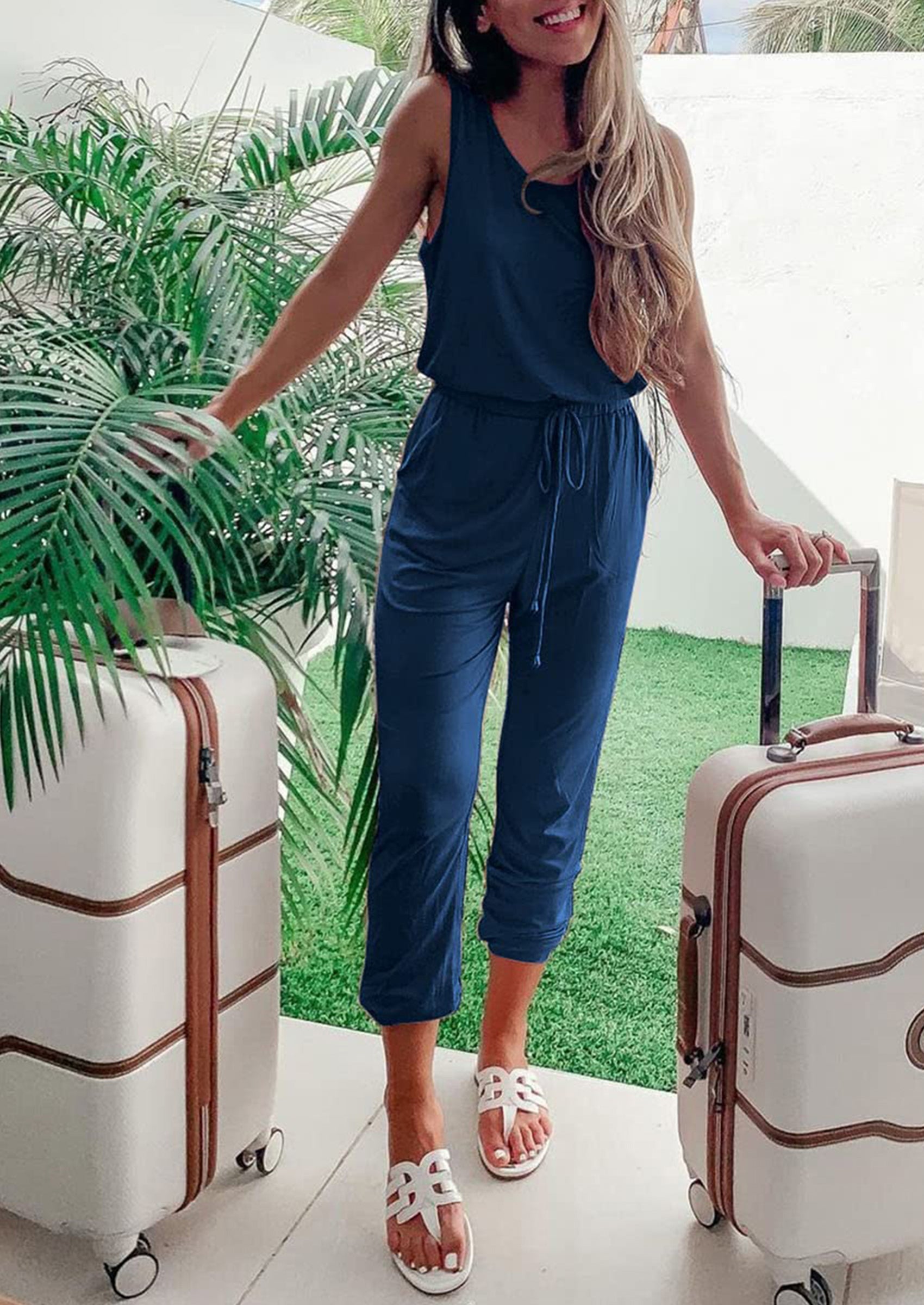 Chichi Two Piece Outfit Sets Casual Sleeveless Crewneck Tops and Sweatpants Dark Blue