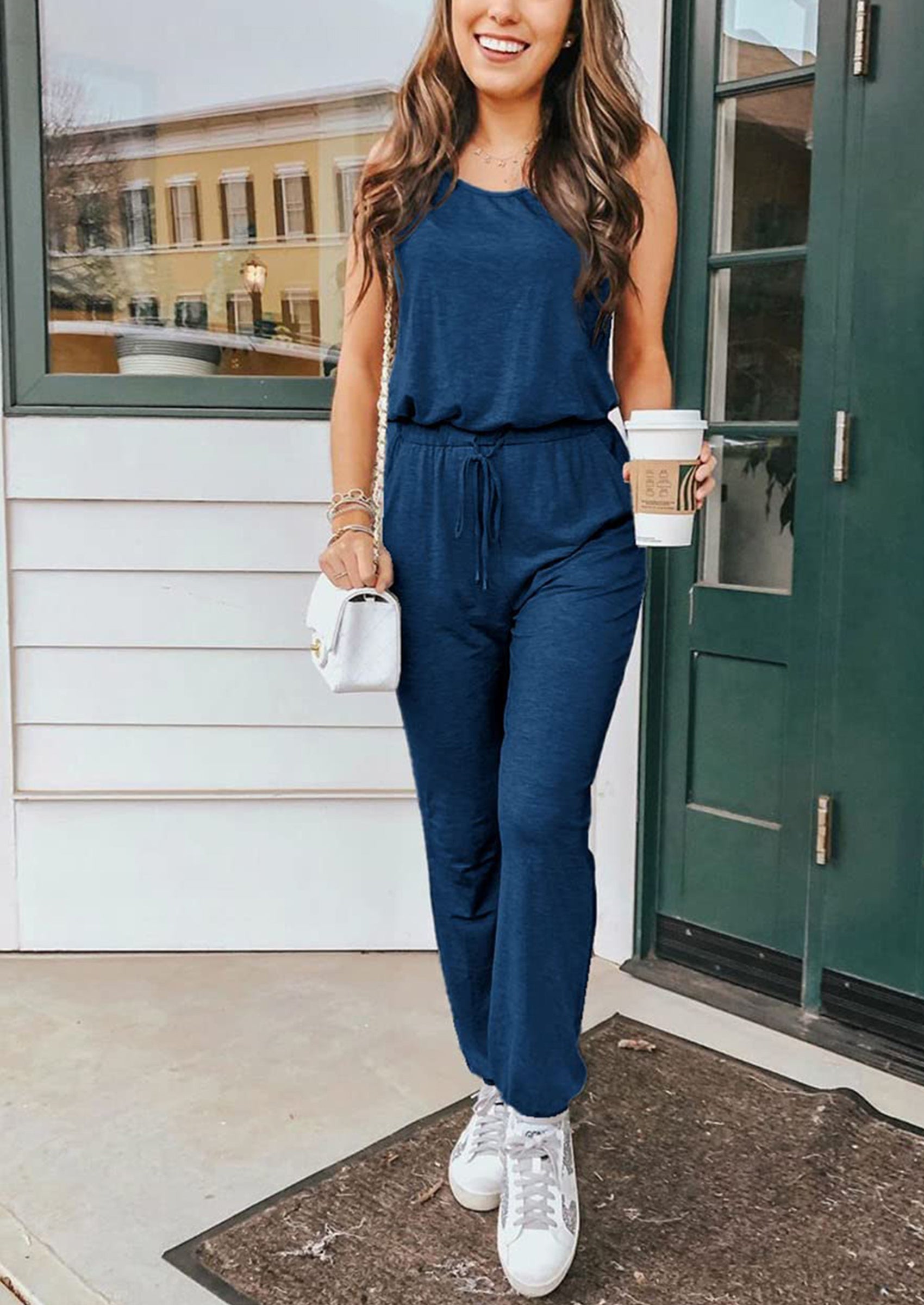 Chichi Two Piece Outfit Sets Casual Sleeveless Crewneck Tops and Sweatpants Dark Blue