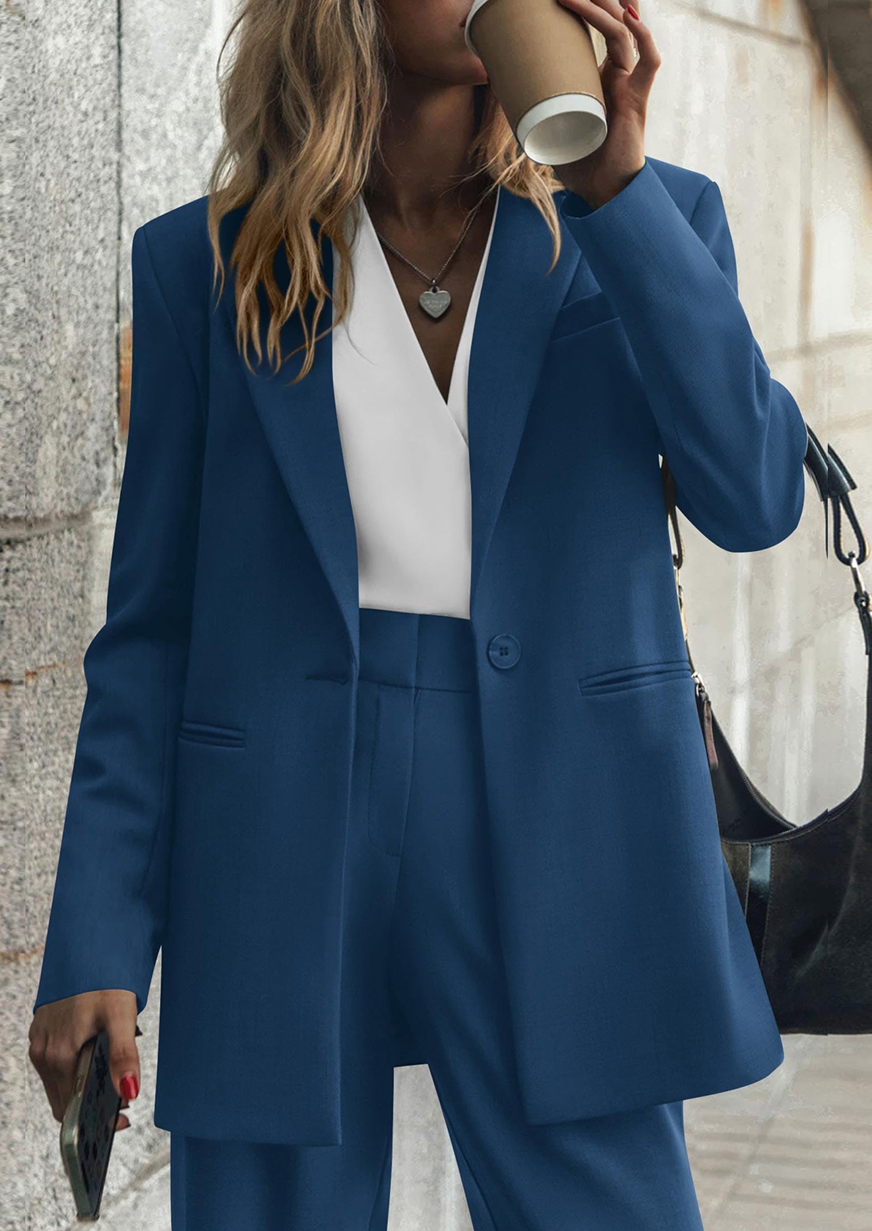 Chichi Women's Fall Two Piece Outfits Dressy Blazer Jacket and Wide Leg Pants Pockets Business Casual Office Suit Sets Lake Blue
