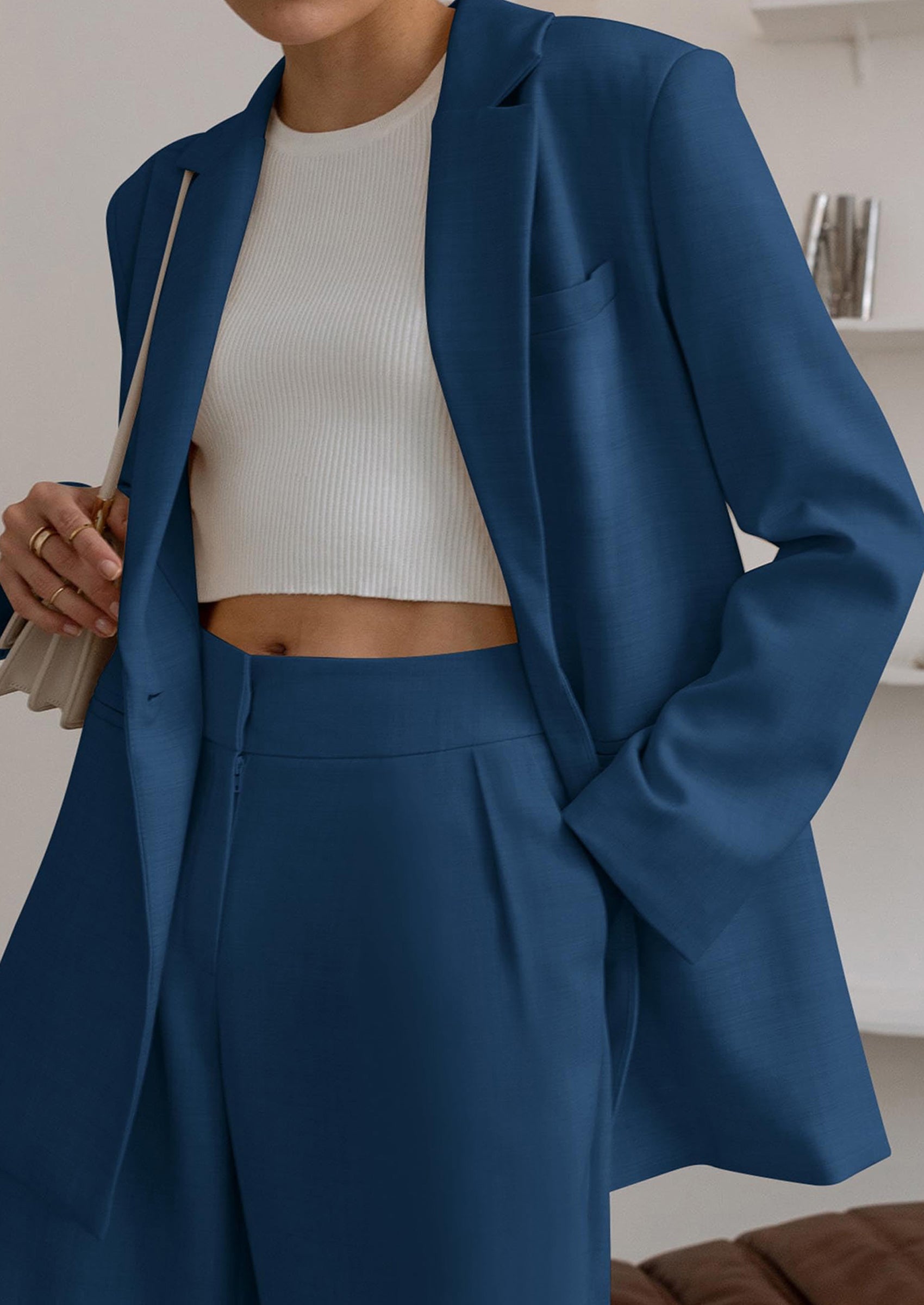 Chichi Women's Fall Two Piece Outfits Dressy Blazer Jacket and Wide Leg Pants Pockets Business Casual Office Suit Sets Lake Blue