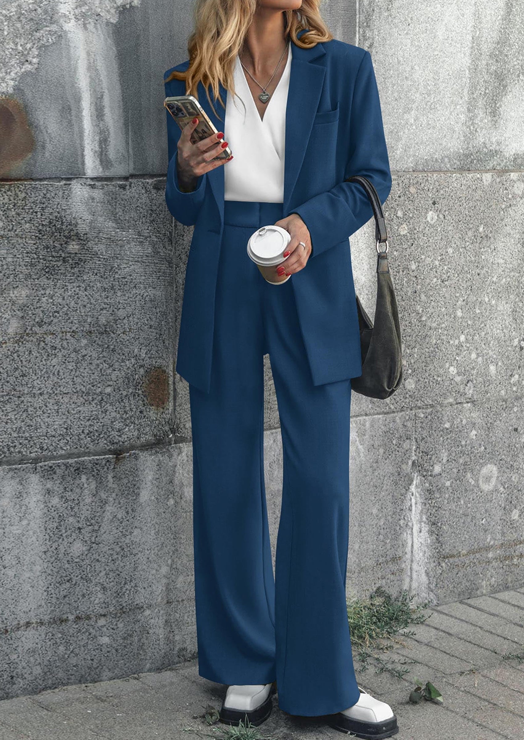 Chichi Women's Fall Two Piece Outfits Dressy Blazer Jacket and Wide Leg Pants Pockets Business Casual Office Suit Sets Lake Blue