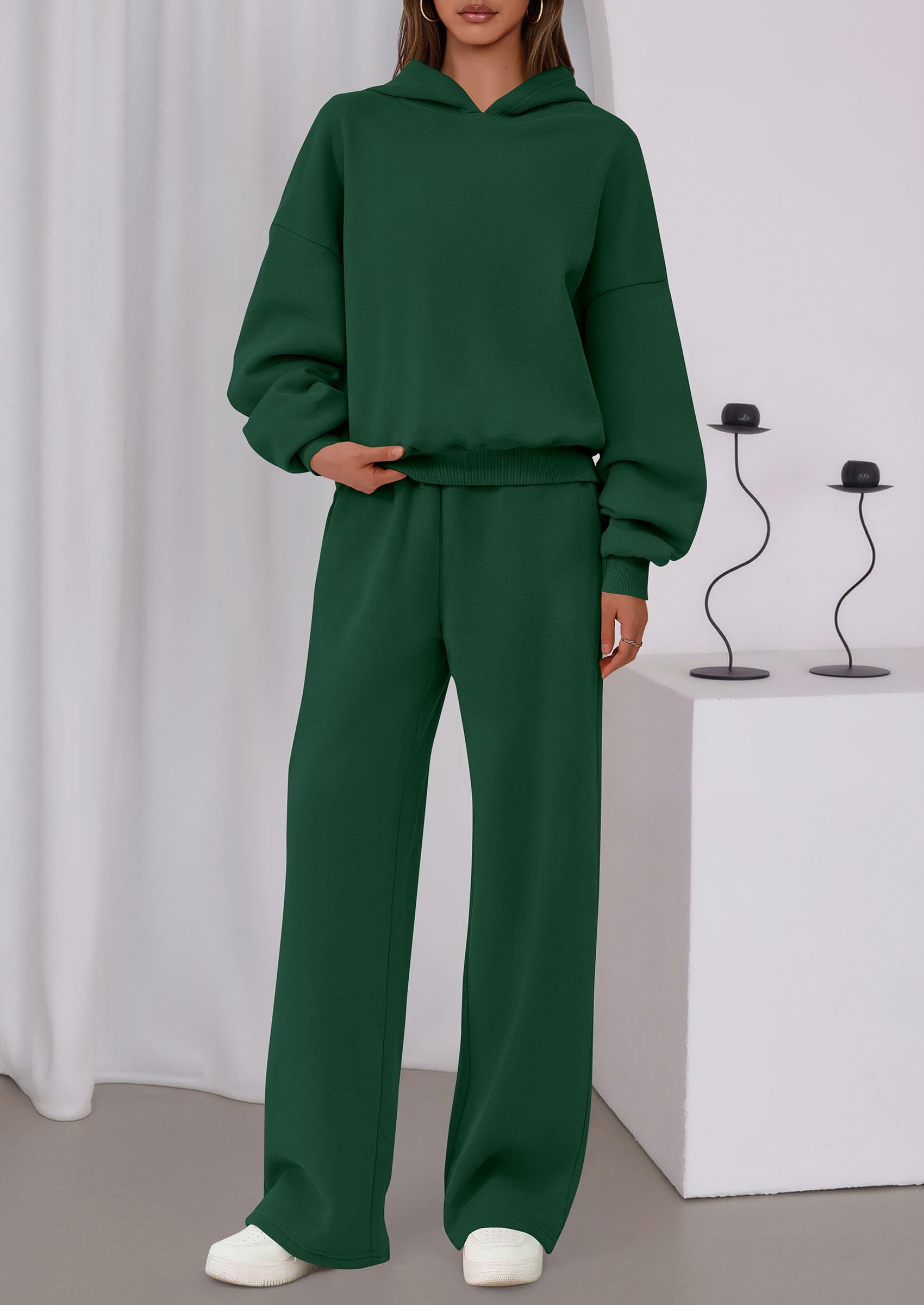 Chichi Womens Sweatsuits 2 Piece Set Casual Winter Long Sleeve Hoodie Loose Wide Leg Sweatpants Fall Tracksuit Dark Green