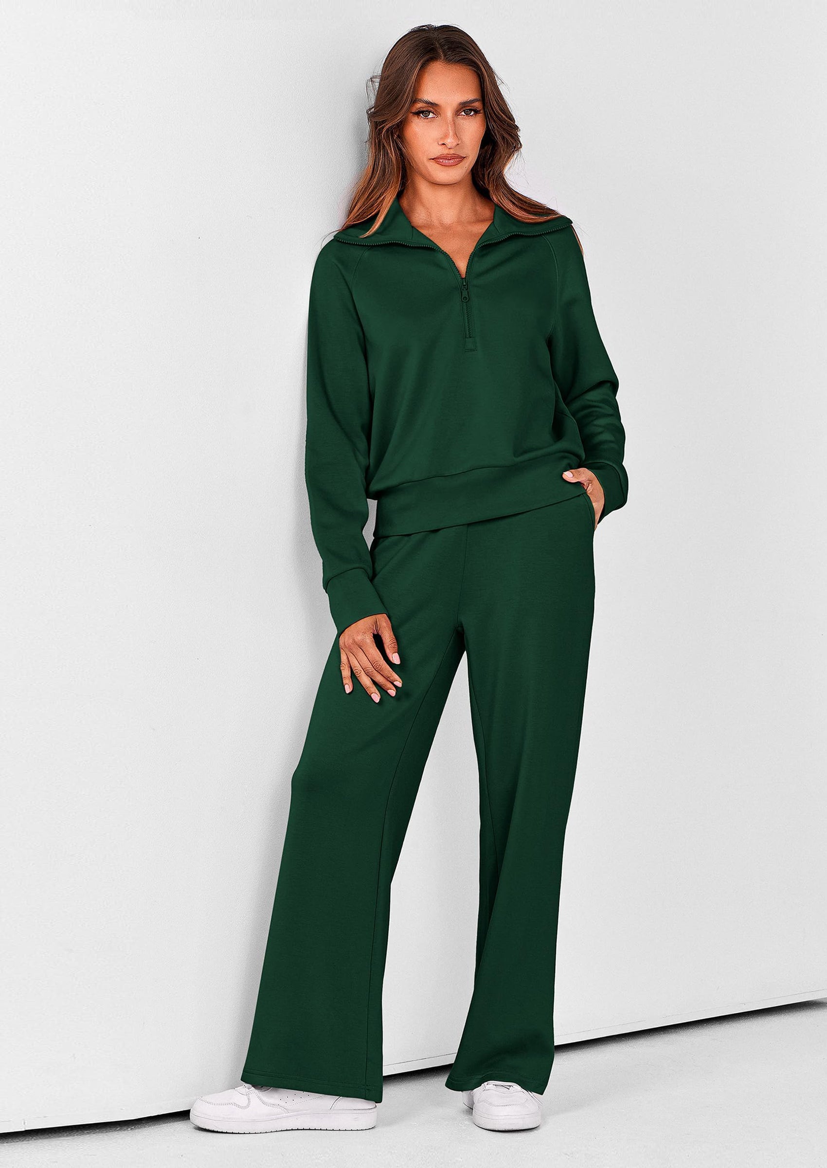 Chichi Women's 2 Piece Outfits Casual Lapel Half Zip Sweatshirts And Wide Leg Pants Tracksuit Sets Black