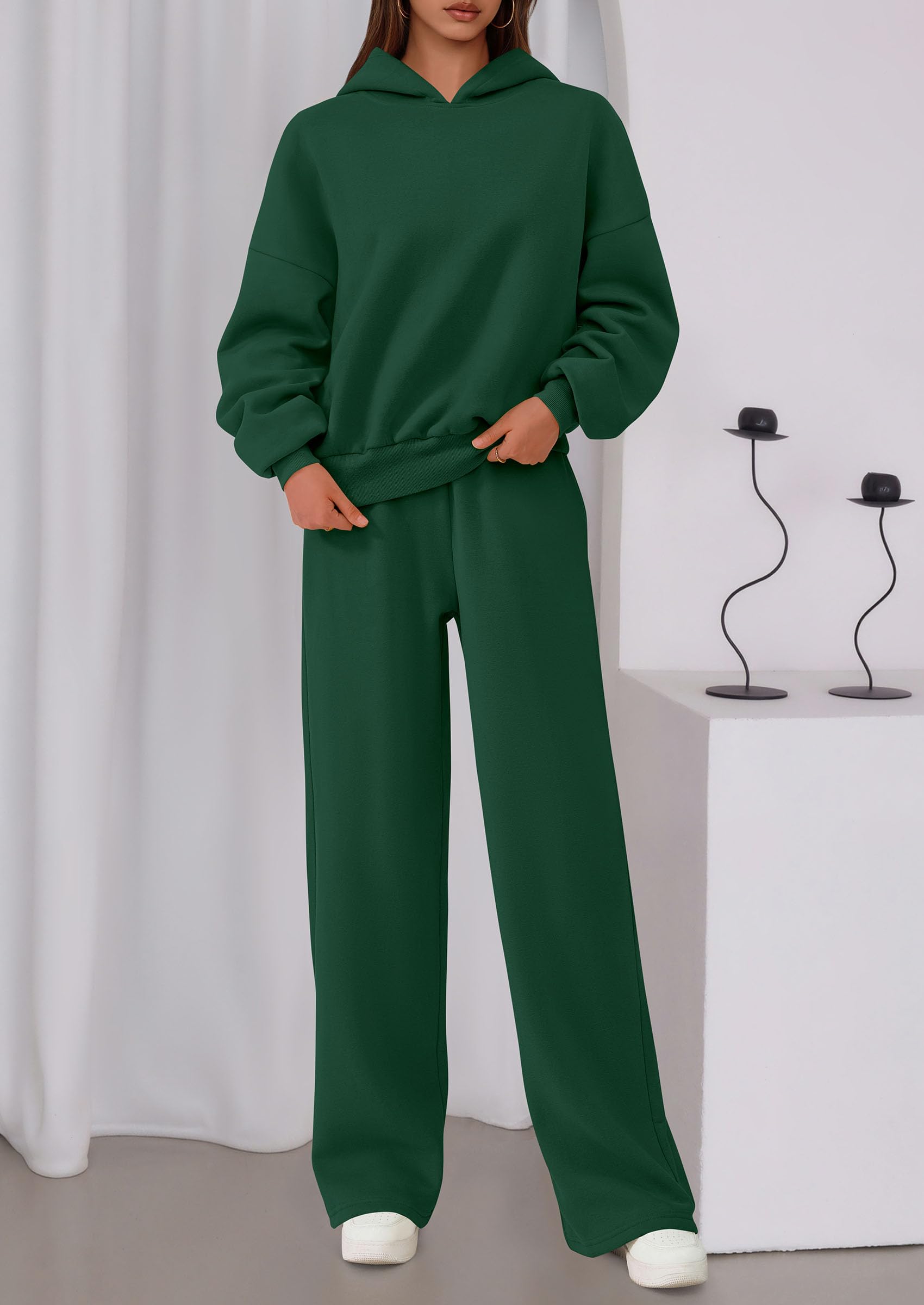 Chichi Womens Sweatsuits 2 Piece Set Casual Winter Long Sleeve Hoodie Loose Wide Leg Sweatpants Fall Tracksuit Dark Green