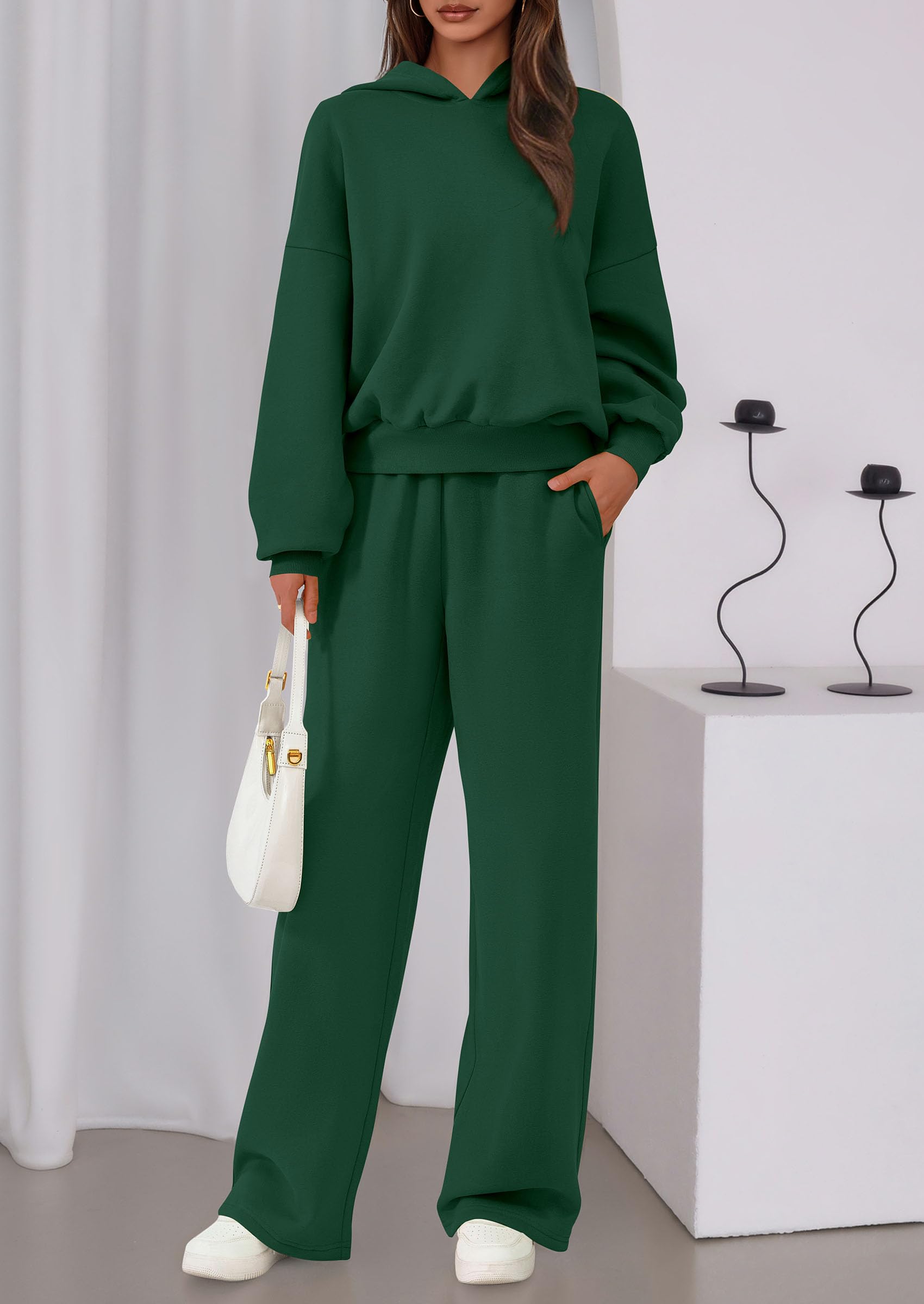 Chichi Womens Sweatsuits 2 Piece Set Casual Winter Long Sleeve Hoodie Loose Wide Leg Sweatpants Fall Tracksuit Dark Green
