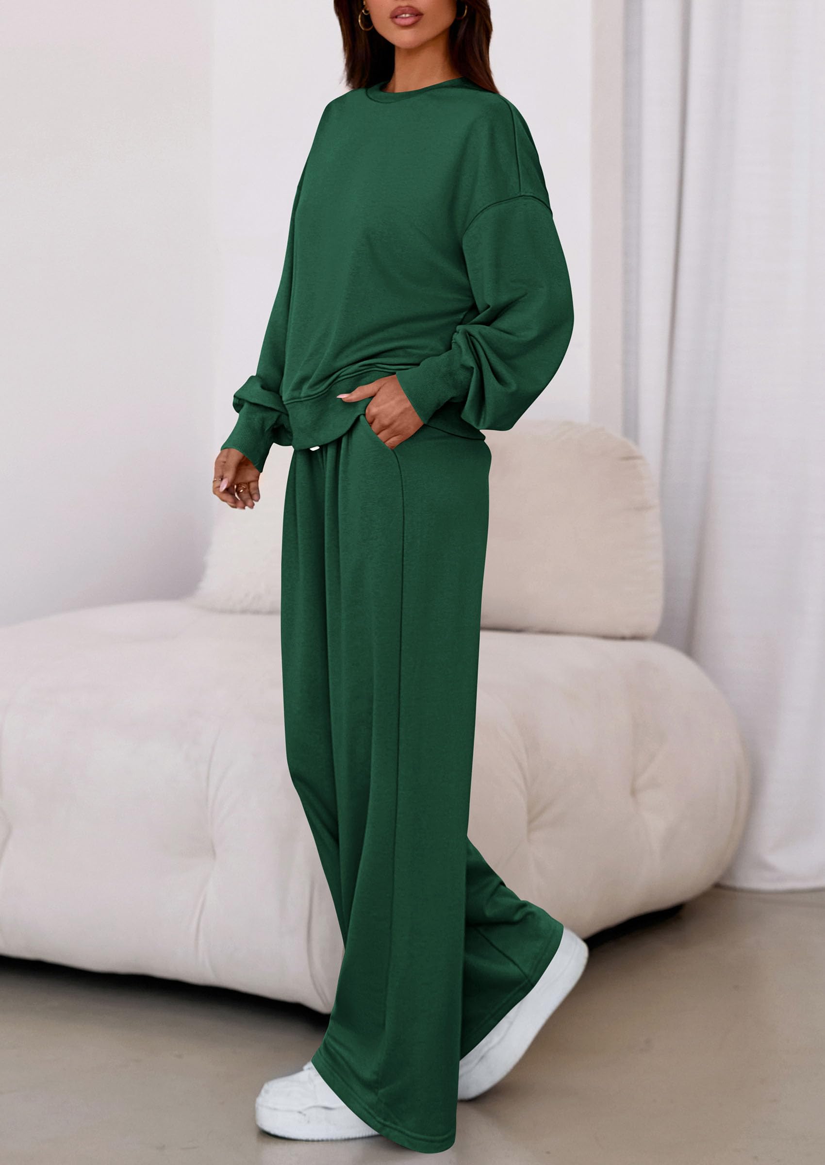 Chichi Womens 2 Piece Sets Long Sleeve Sweatshirt Wide Leg Pants Loose Matching Lounge Set Trendy Fall Outfits Army green