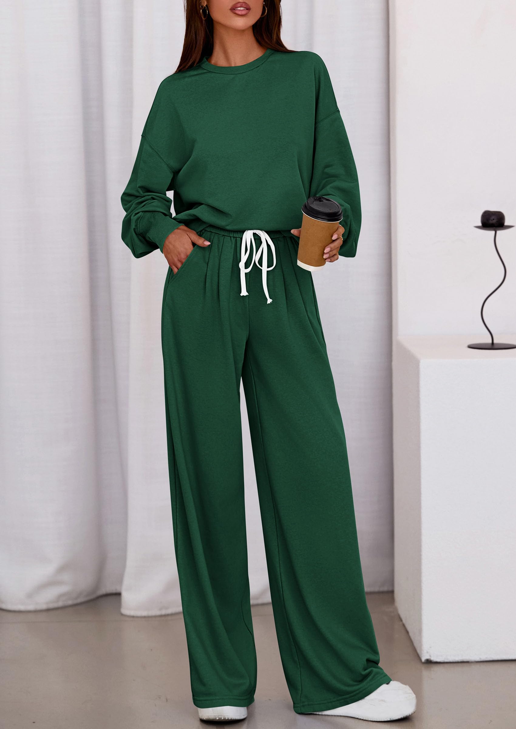 Chichi Womens 2 Piece Sets Long Sleeve Sweatshirt Wide Leg Pants Loose Matching Lounge Set Trendy Fall Outfits Dark Green
