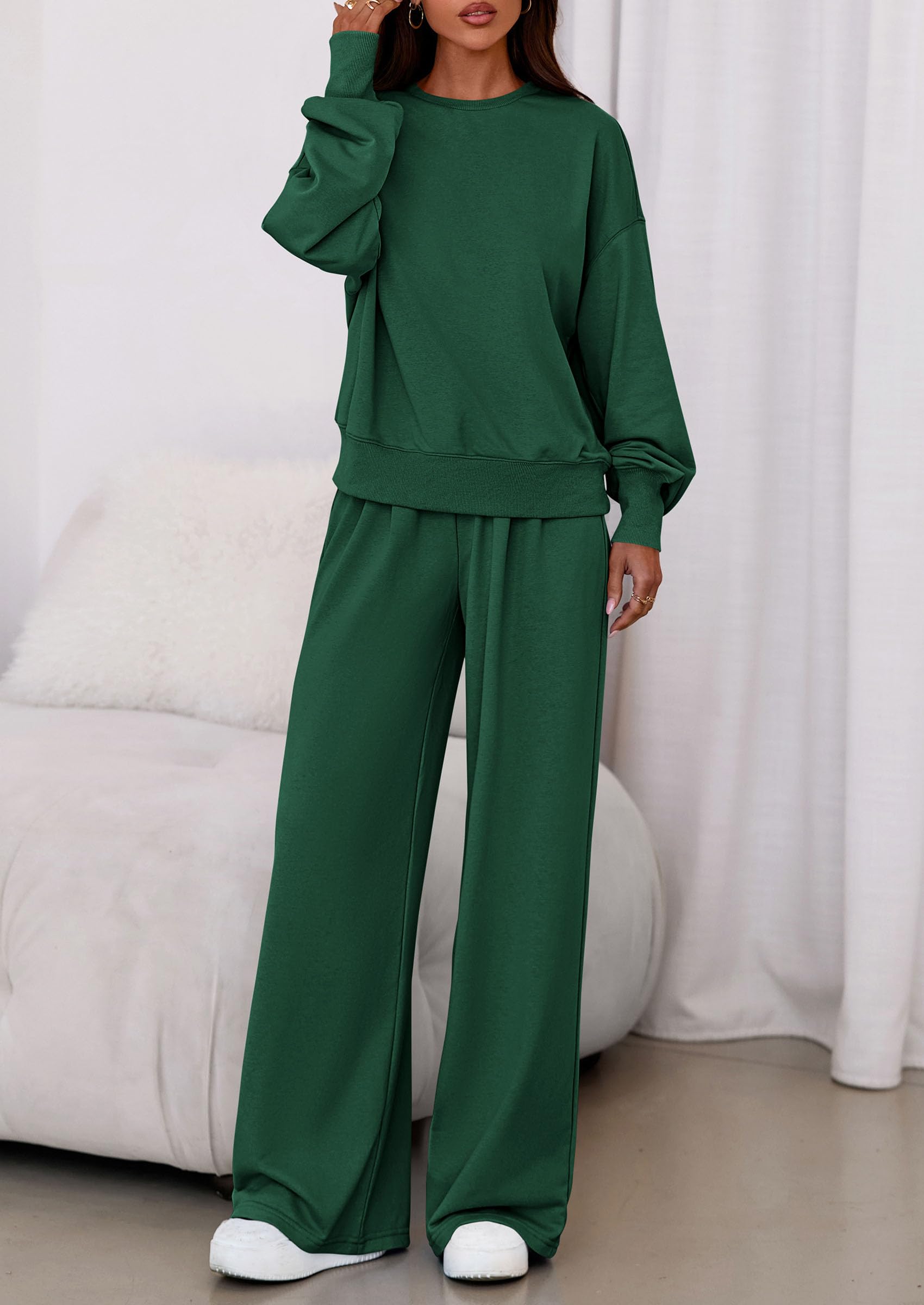 Chichi Womens 2 Piece Sets Long Sleeve Sweatshirt Wide Leg Pants Loose Matching Lounge Set Trendy Fall Outfits Dark Green