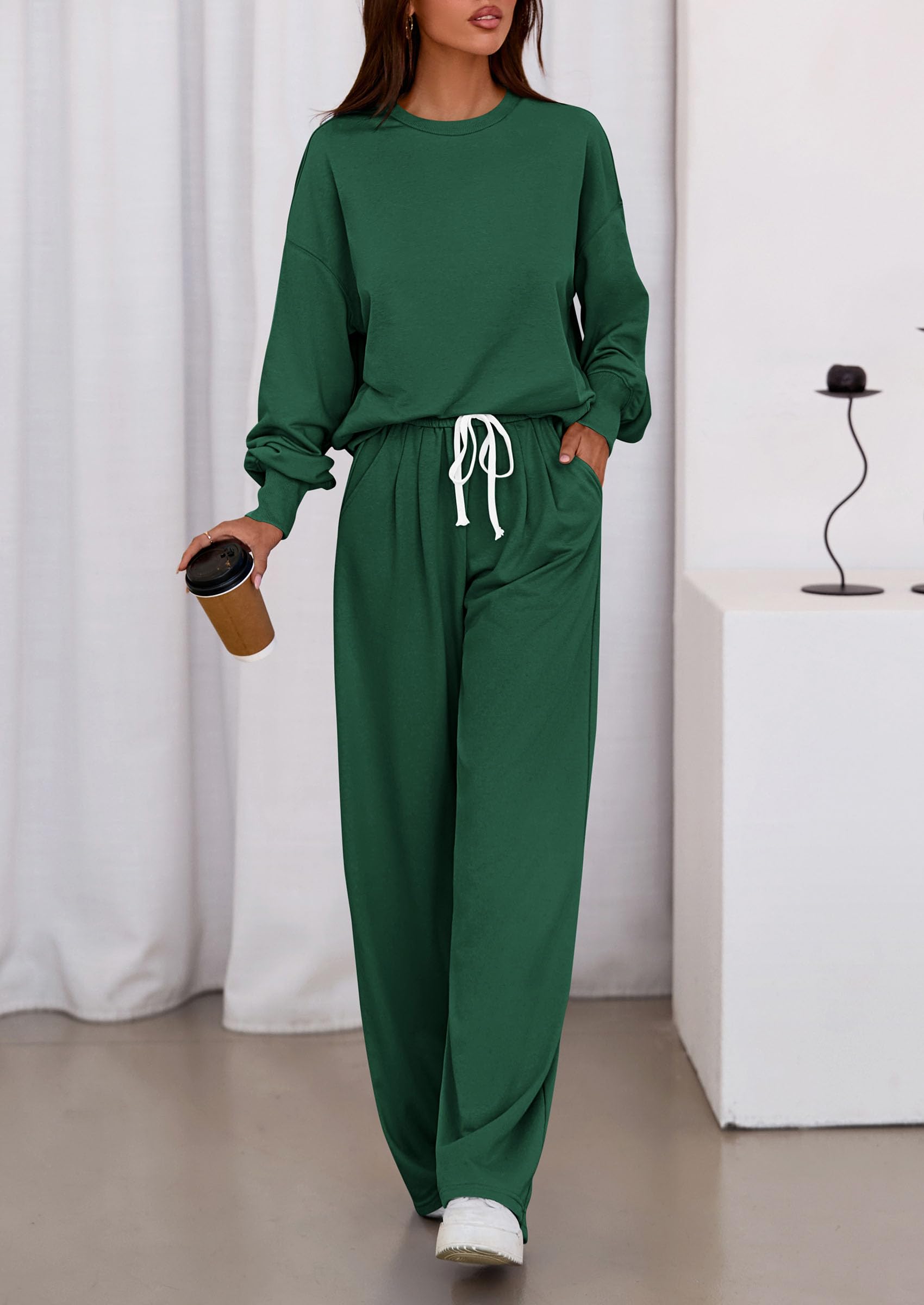 Chichi Womens 2 Piece Sets Long Sleeve Sweatshirt Wide Leg Pants Loose Matching Lounge Set Trendy Fall Outfits Army green
