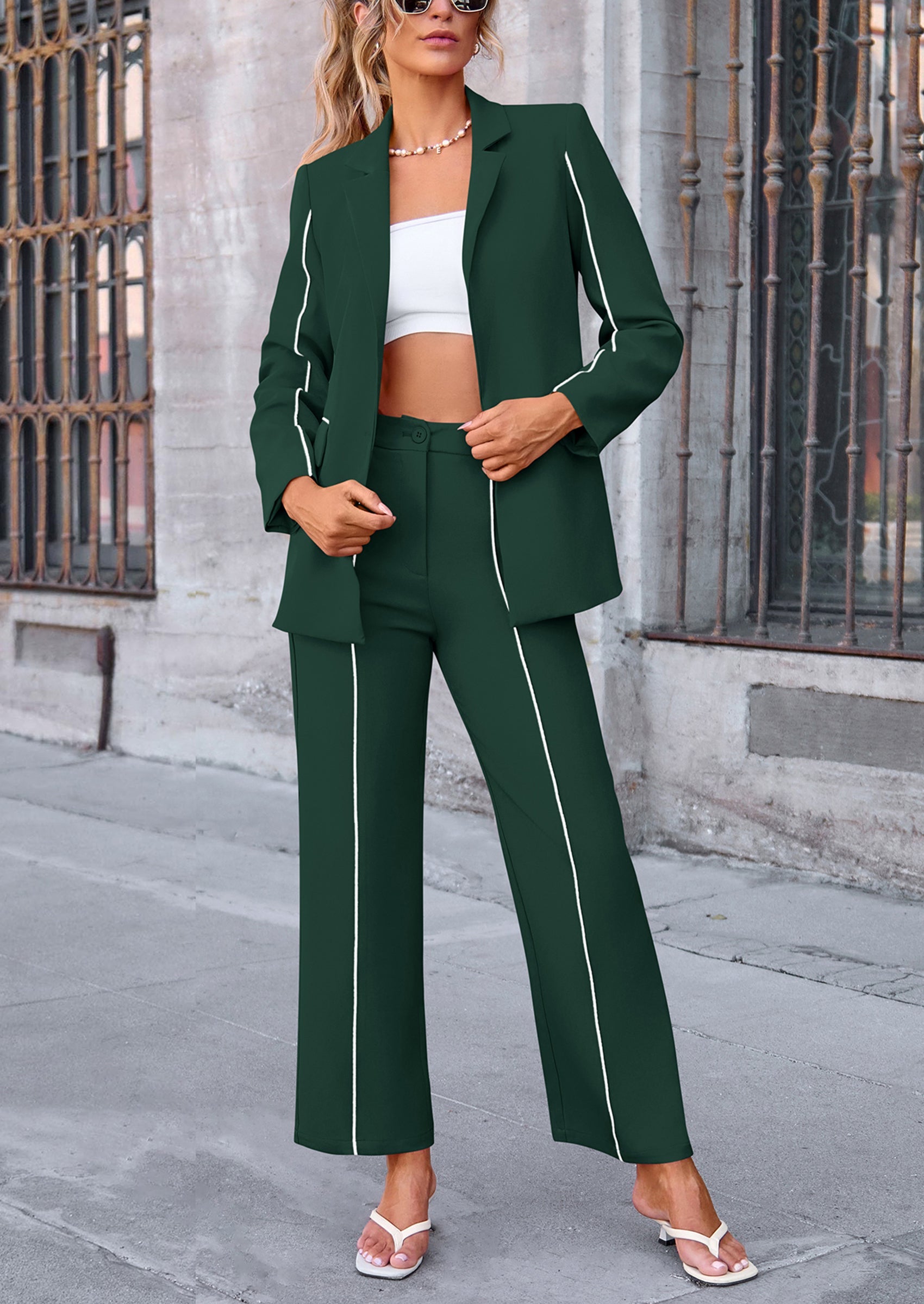 Chichi 2 Piece Blazer Outfits Business Casual Oversized Jacket Wide Leg Work Pants Dressy Suit Set Dark Green