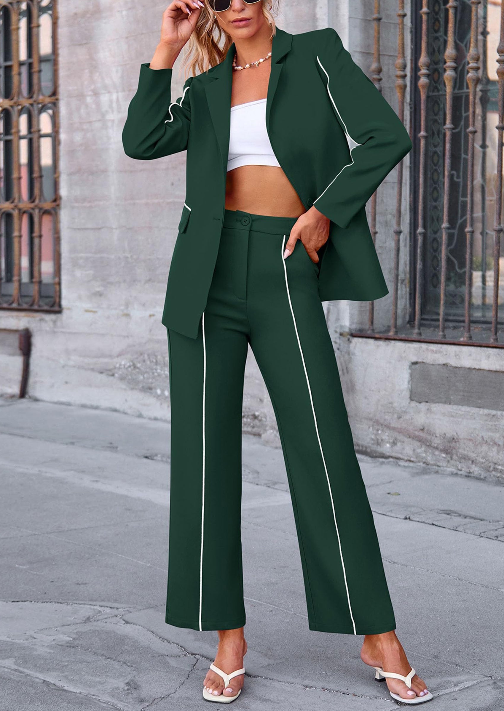 Chichi 2 Piece Blazer Outfits Business Casual Oversized Jacket Wide Leg Work Pants Dressy Suit Set Dark Green