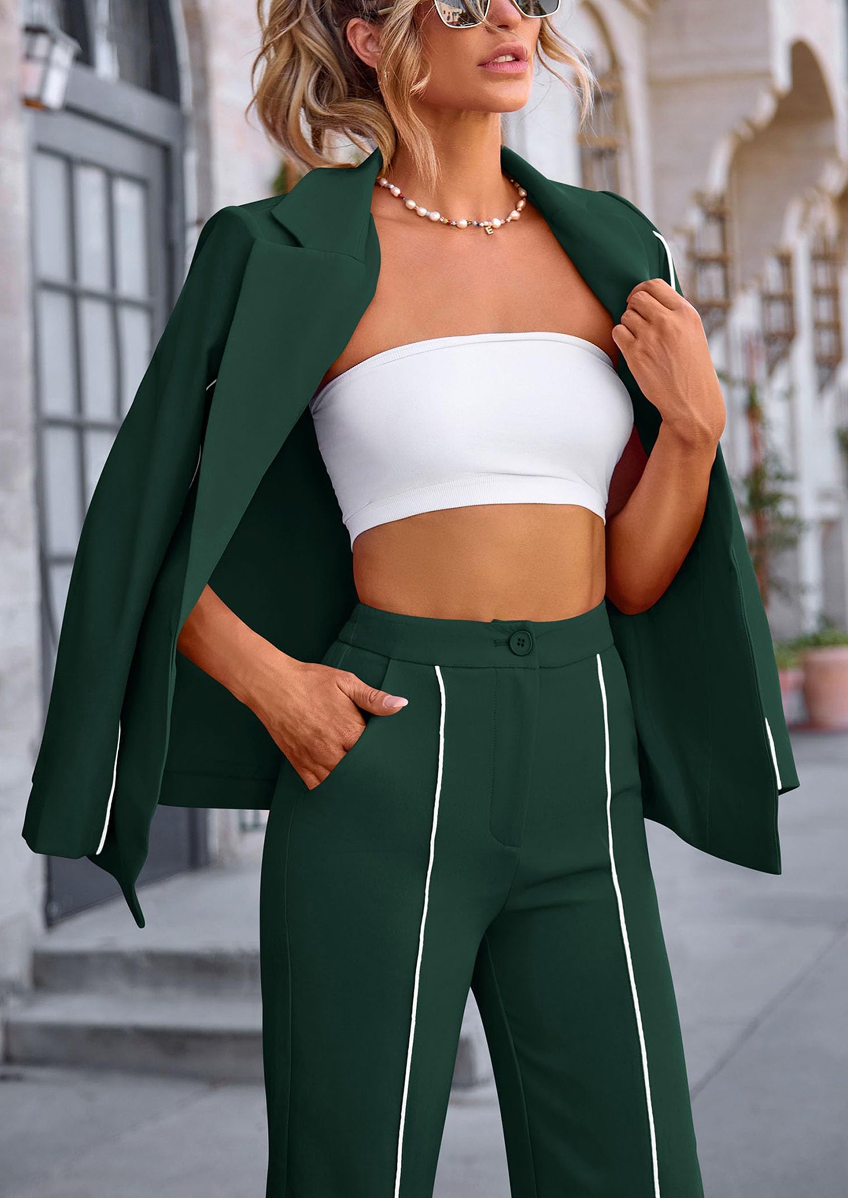 Chichi 2 Piece Blazer Outfits Business Casual Oversized Jacket Wide Leg Work Pants Dressy Suit Set Dark Green