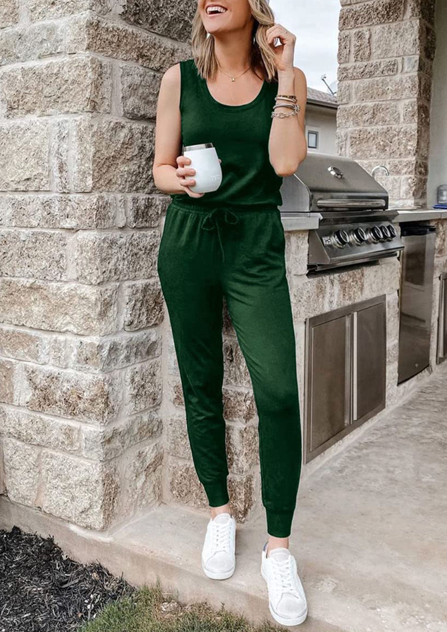 Chichi Two Piece Outfit Sets Casual Sleeveless Crewneck Tops and Sweatpants Dark Green