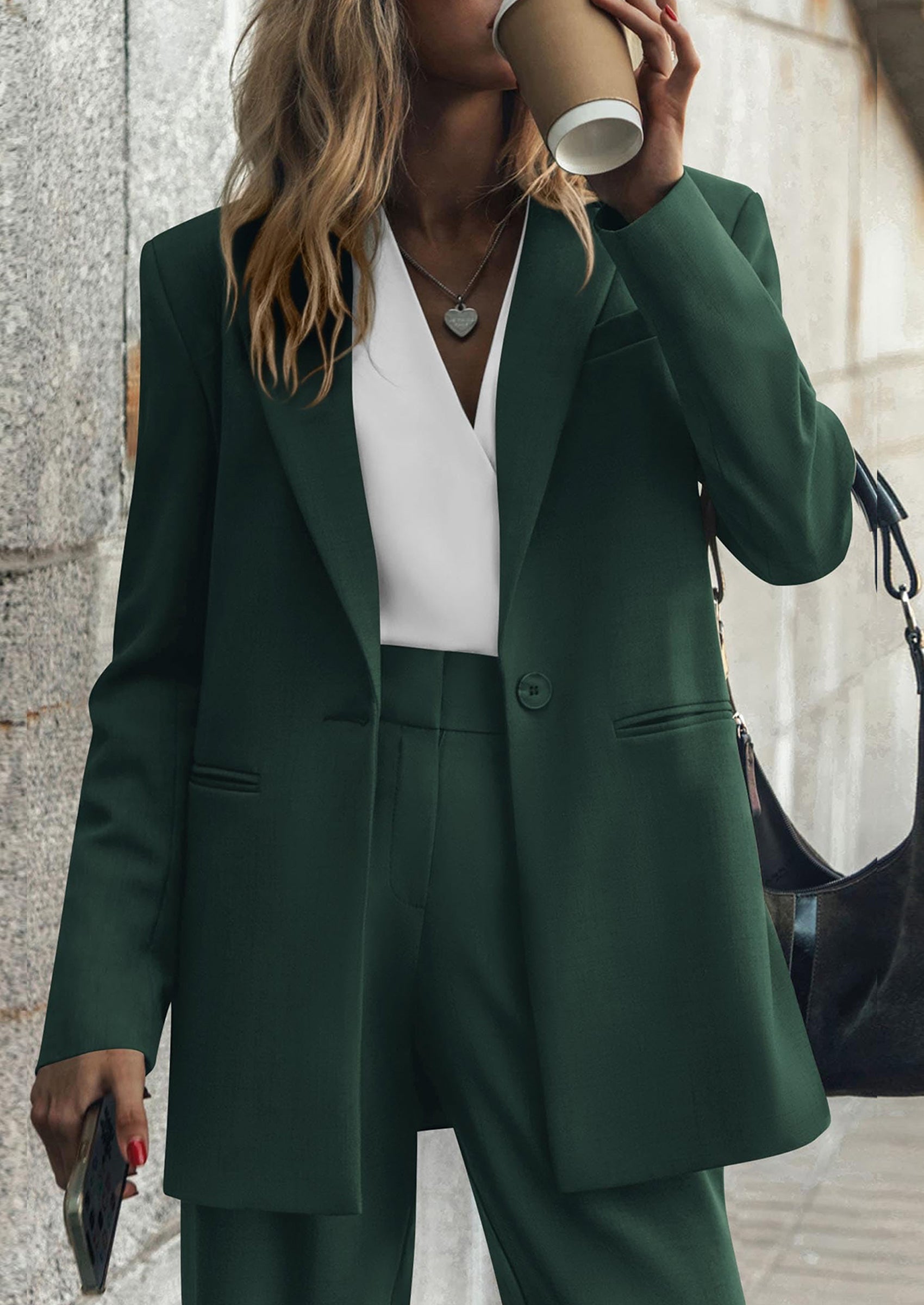 Chichi Women's Fall Two Piece Outfits Dressy Blazer Jacket and Wide Leg Pants Pockets Business Casual Office Suit Sets Dark Green