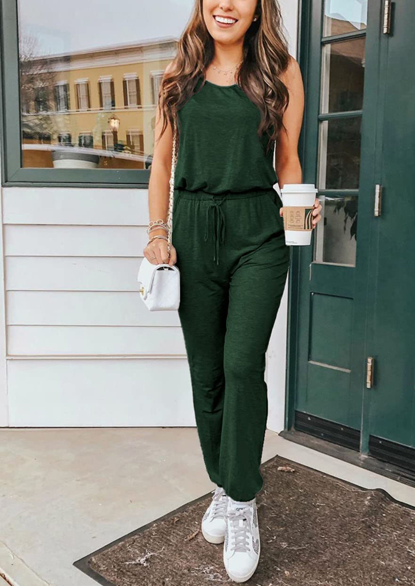 Chichi Two Piece Outfit Sets Casual Sleeveless Crewneck Tops and Sweatpants Dark Green