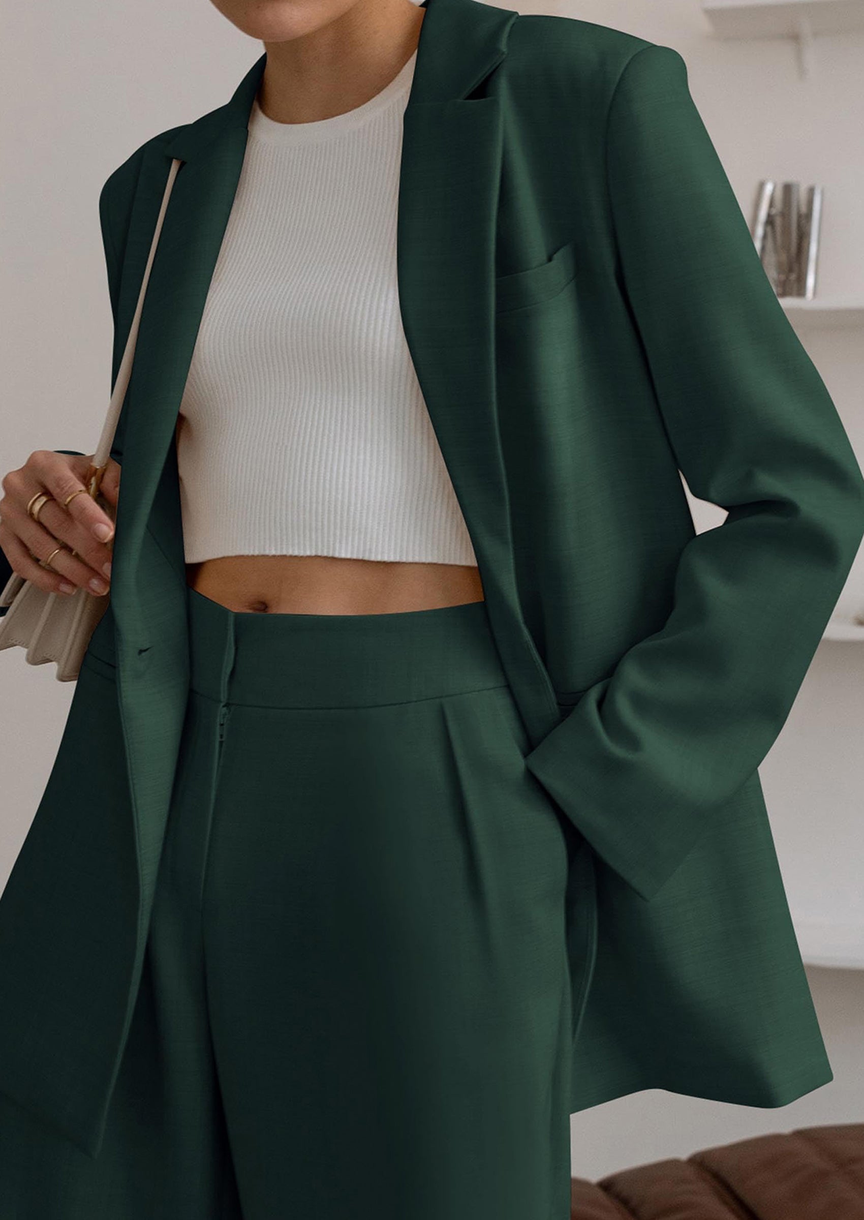 Chichi Women's Fall Two Piece Outfits Dressy Blazer Jacket and Wide Leg Pants Pockets Business Casual Office Suit Sets Dark Green