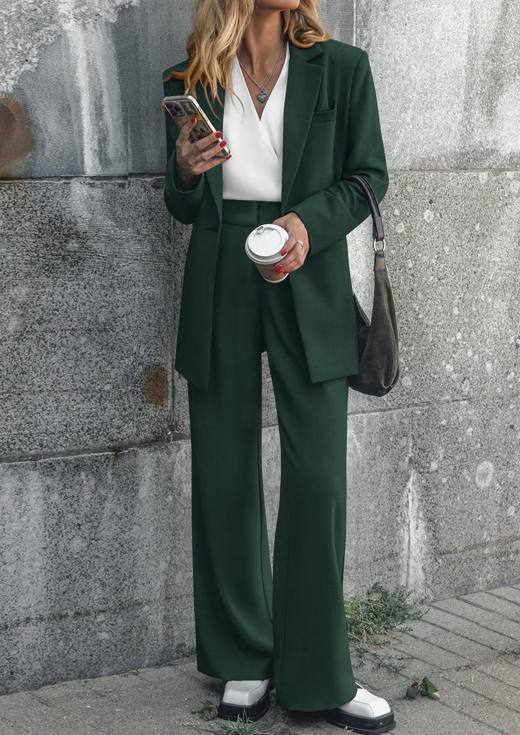 Chichi Women's Fall Two Piece Outfits Dressy Blazer Jacket and Wide Leg Pants Pockets Business Casual Office Suit Sets Dark Green