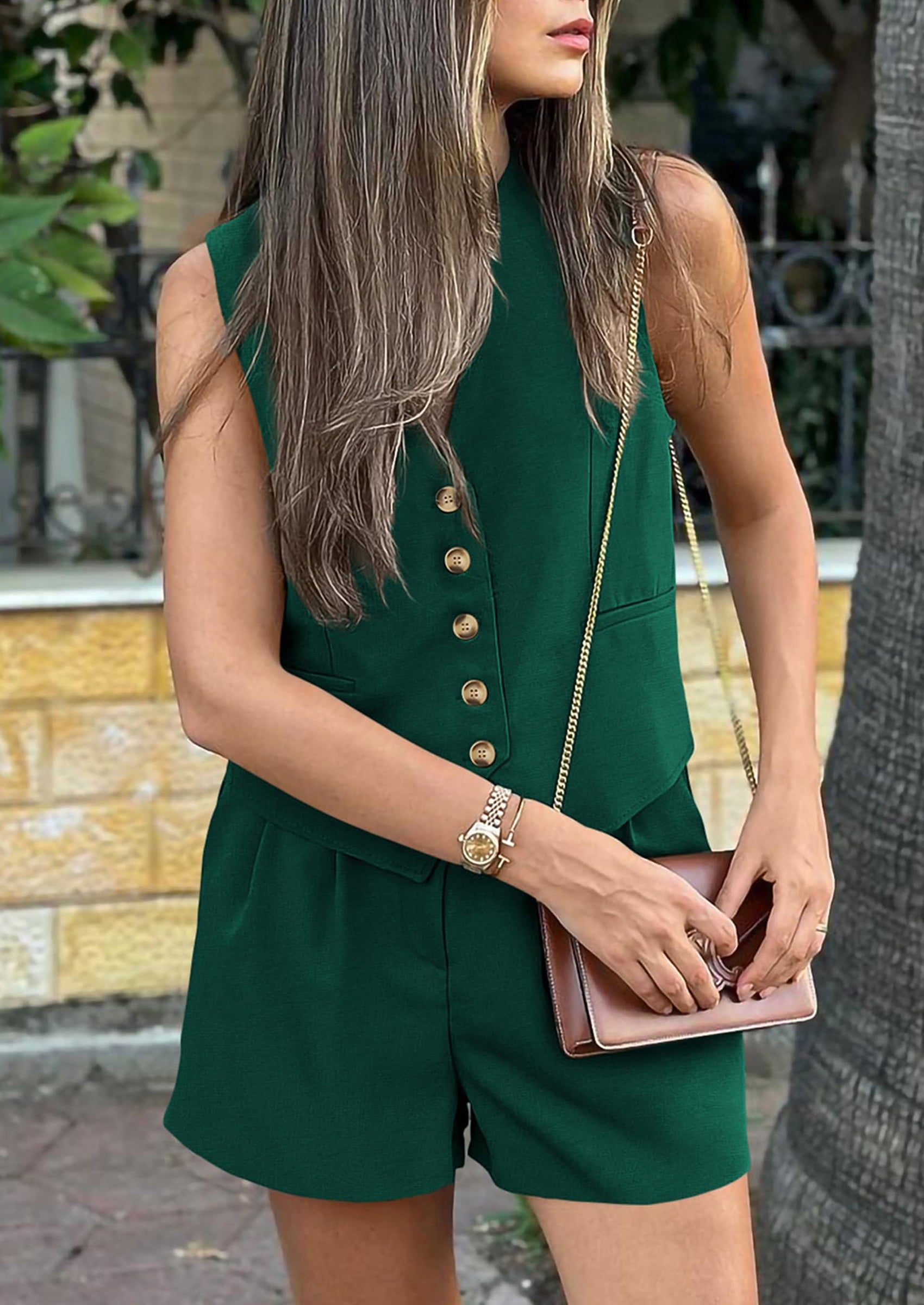 Chichi Women's Summer 2 Piece Outfits Sleeveless Matching Sets Button Down V Neck Vest Waistcoat and Pockets Shorts Brick Red