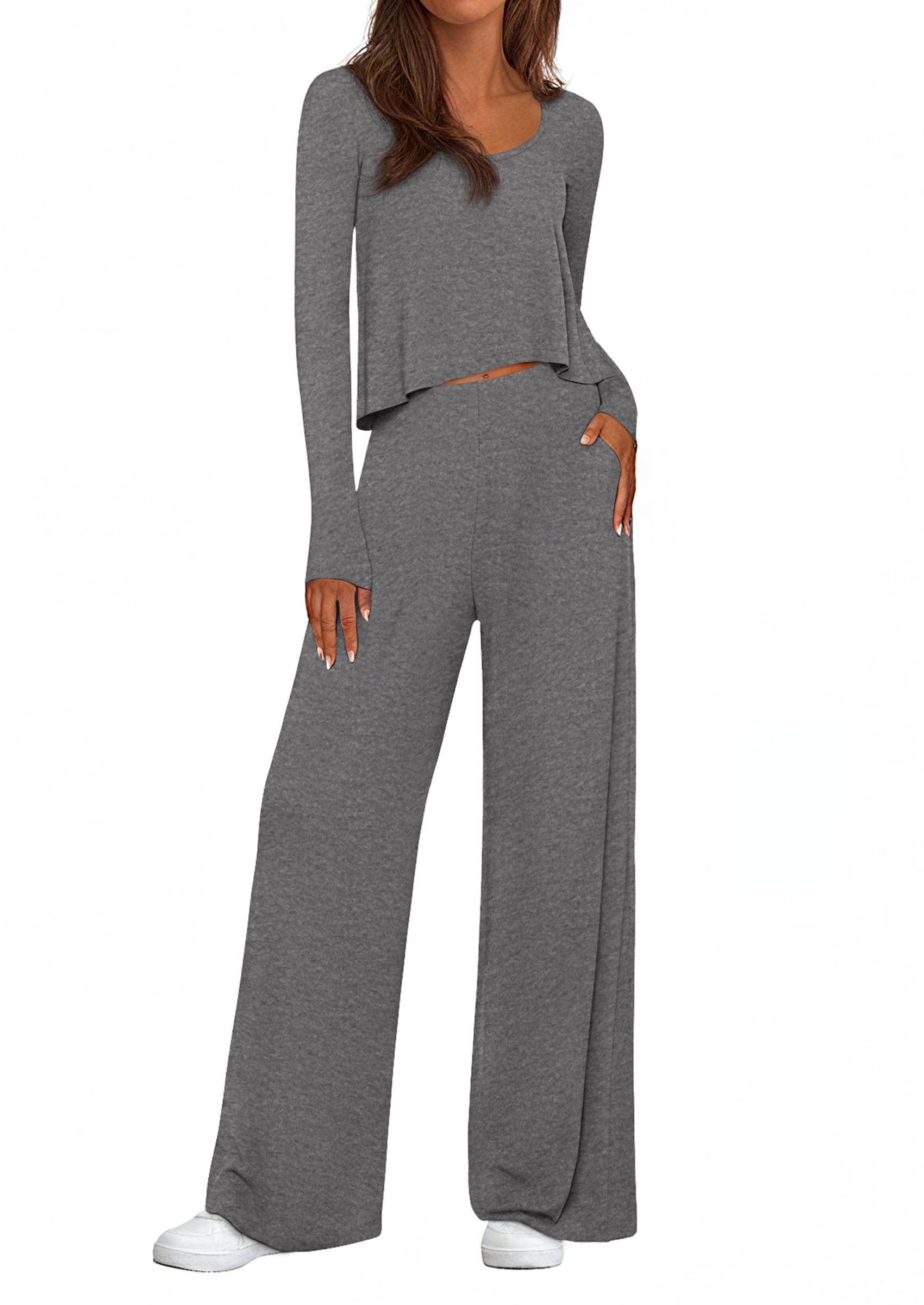 Chichi Women's 2 Piece Fall Sets Casual Long Sleeve Shirts Wide Leg Pants Lounge Travel Outfits Fashion Clothing Dark Grey
