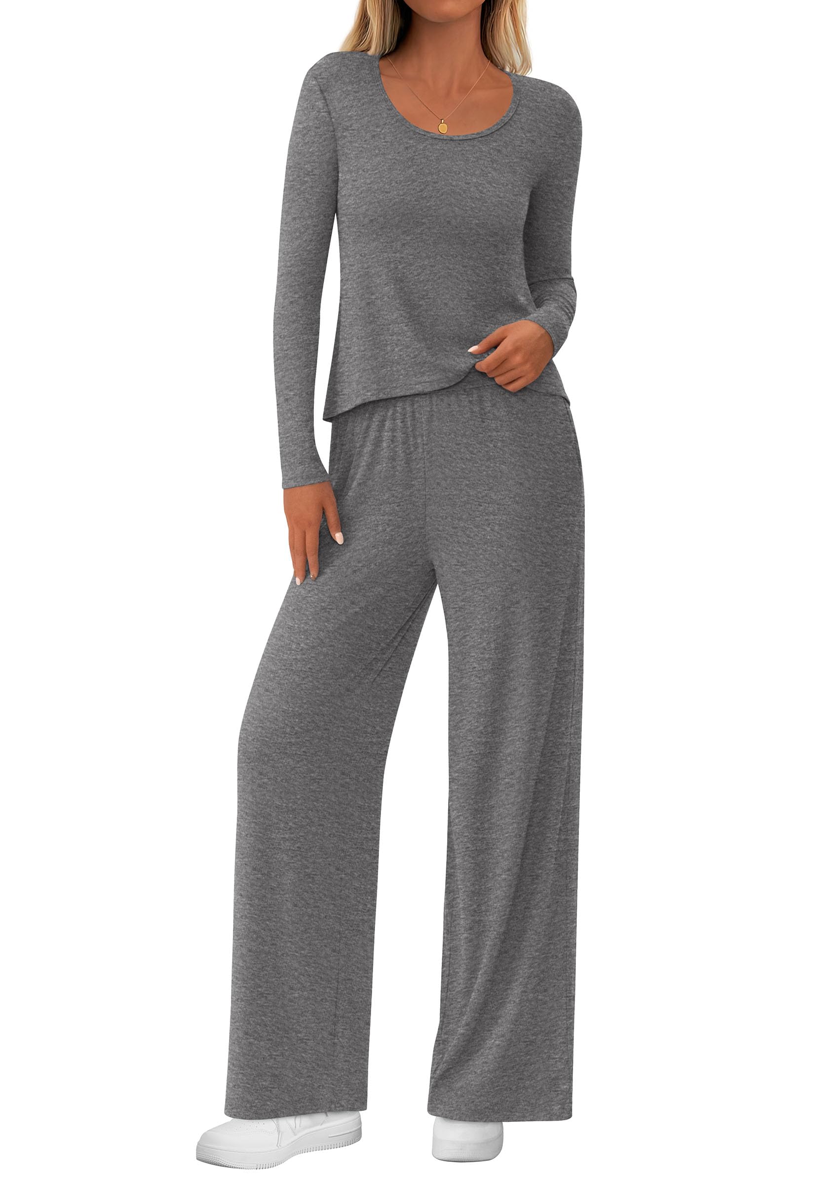 Chichi Women's 2 Piece Fall Sets Casual Long Sleeve Shirts Wide Leg Pants Lounge Travel Outfits Fashion Clothing Dark Grey