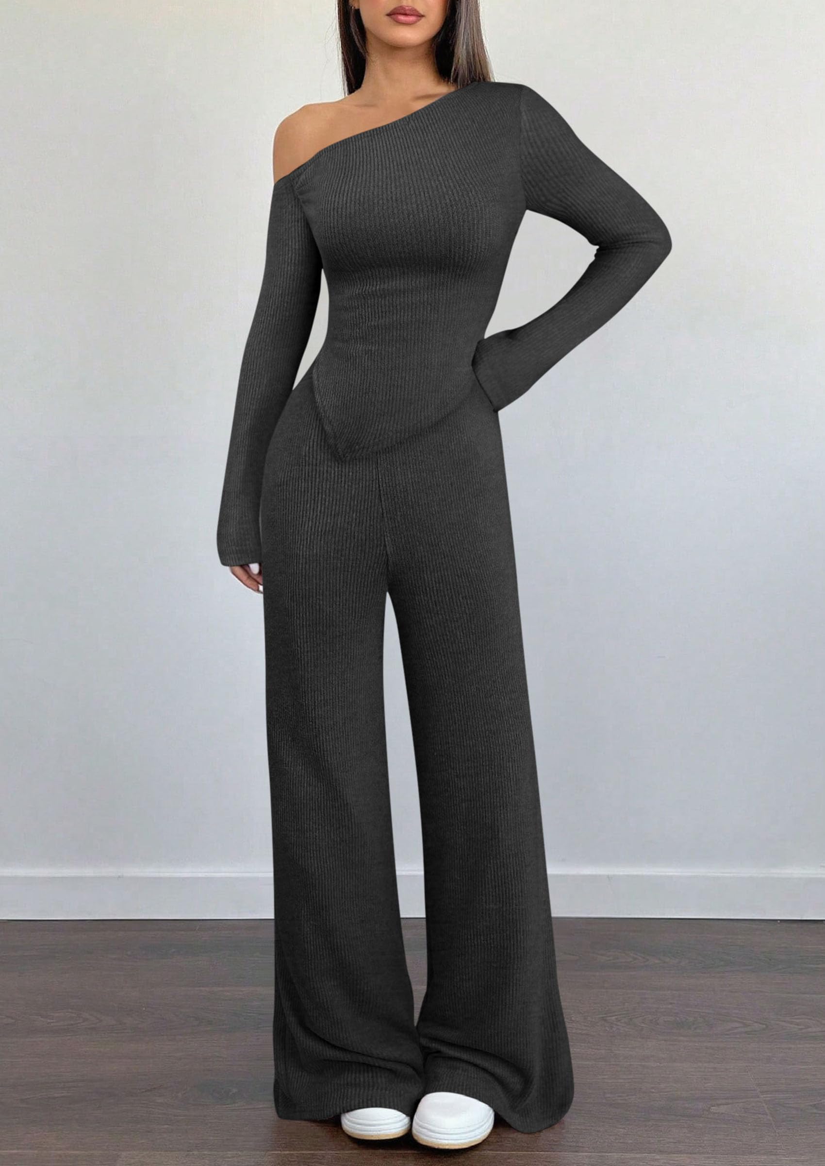 Chichi Casual Two Piece Sets for Women Fall Outfits Asymmetrical Off Shoulder Tops Wide Leg Pants Knit Lounge Set Dark Grey
