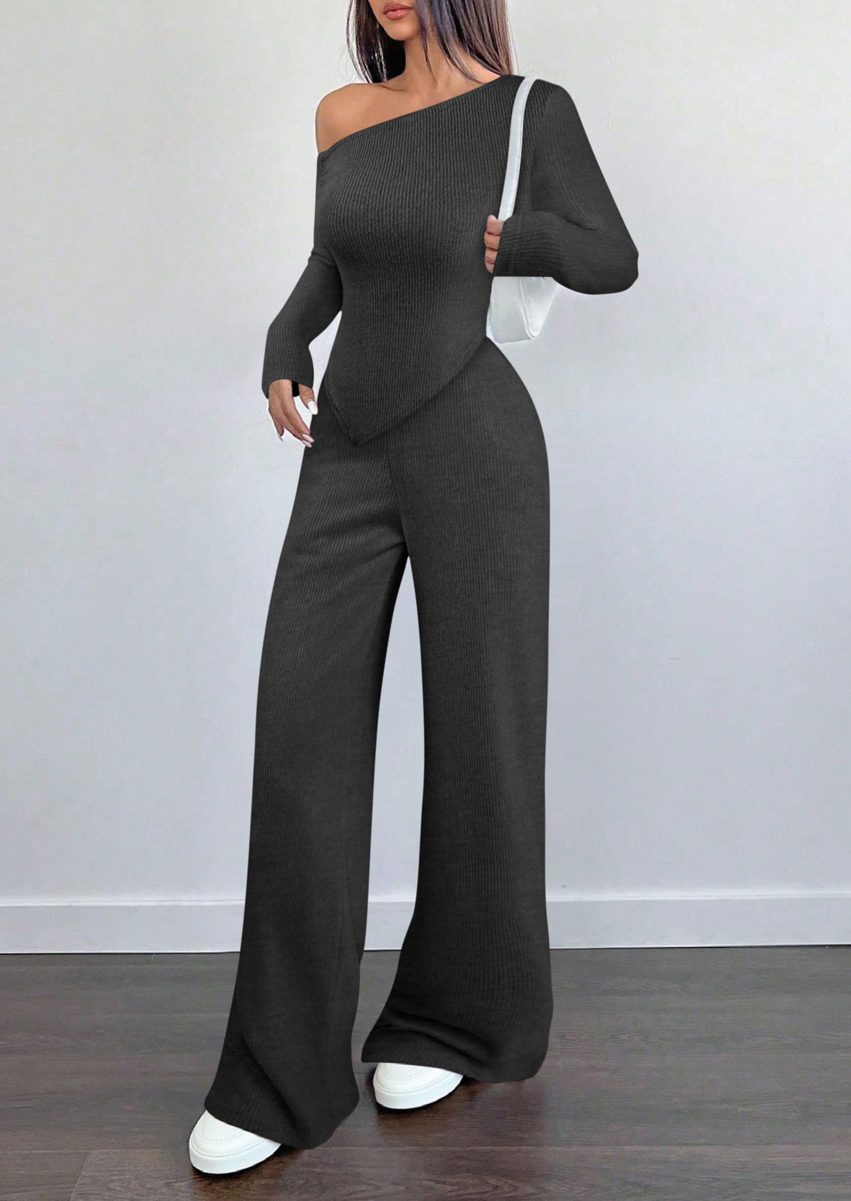 Chichi Casual Two Piece Sets for Women Fall Outfits Asymmetrical Off Shoulder Tops Wide Leg Pants Knit Lounge Set Dark Grey