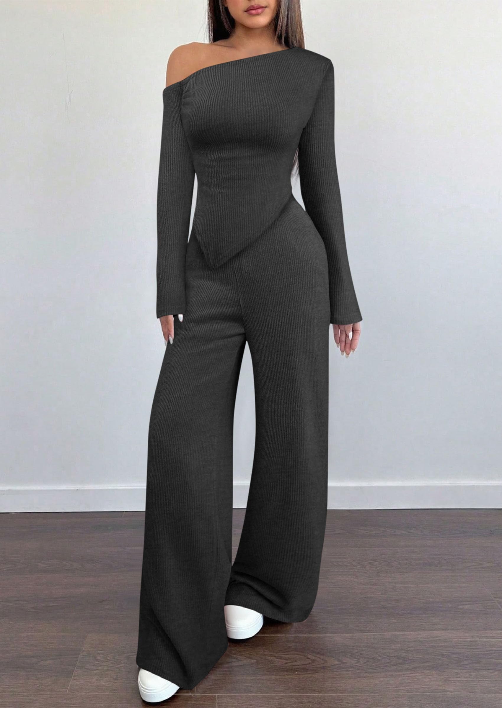 Chichi Casual Two Piece Sets for Women Fall Outfits Asymmetrical Off Shoulder Tops Wide Leg Pants Knit Lounge Set Dark Grey
