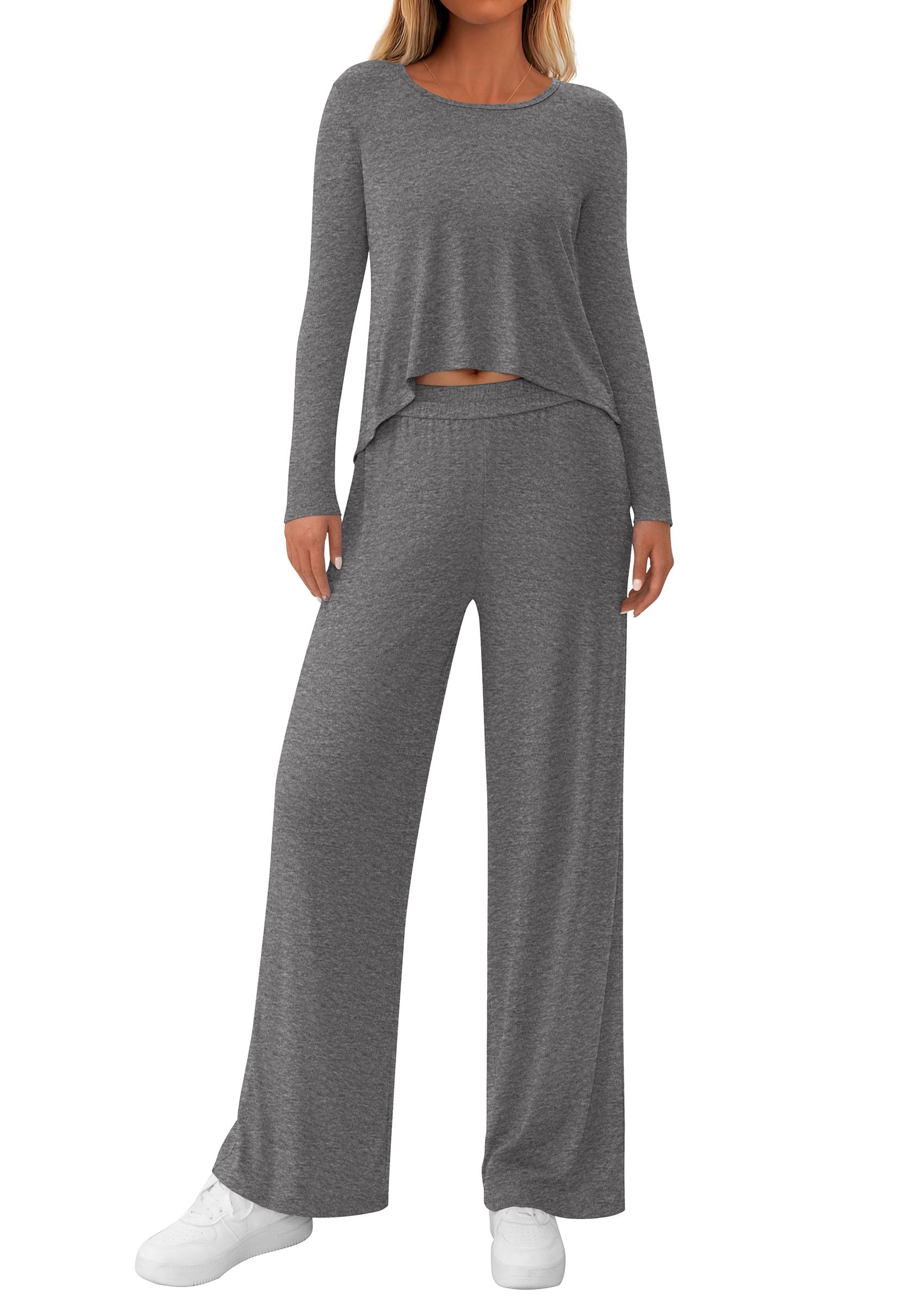 Chichi Women's 2 Piece Fall Sets Casual Long Sleeve Shirts Wide Leg Pants Lounge Travel Outfits Fashion Clothing Dark Grey