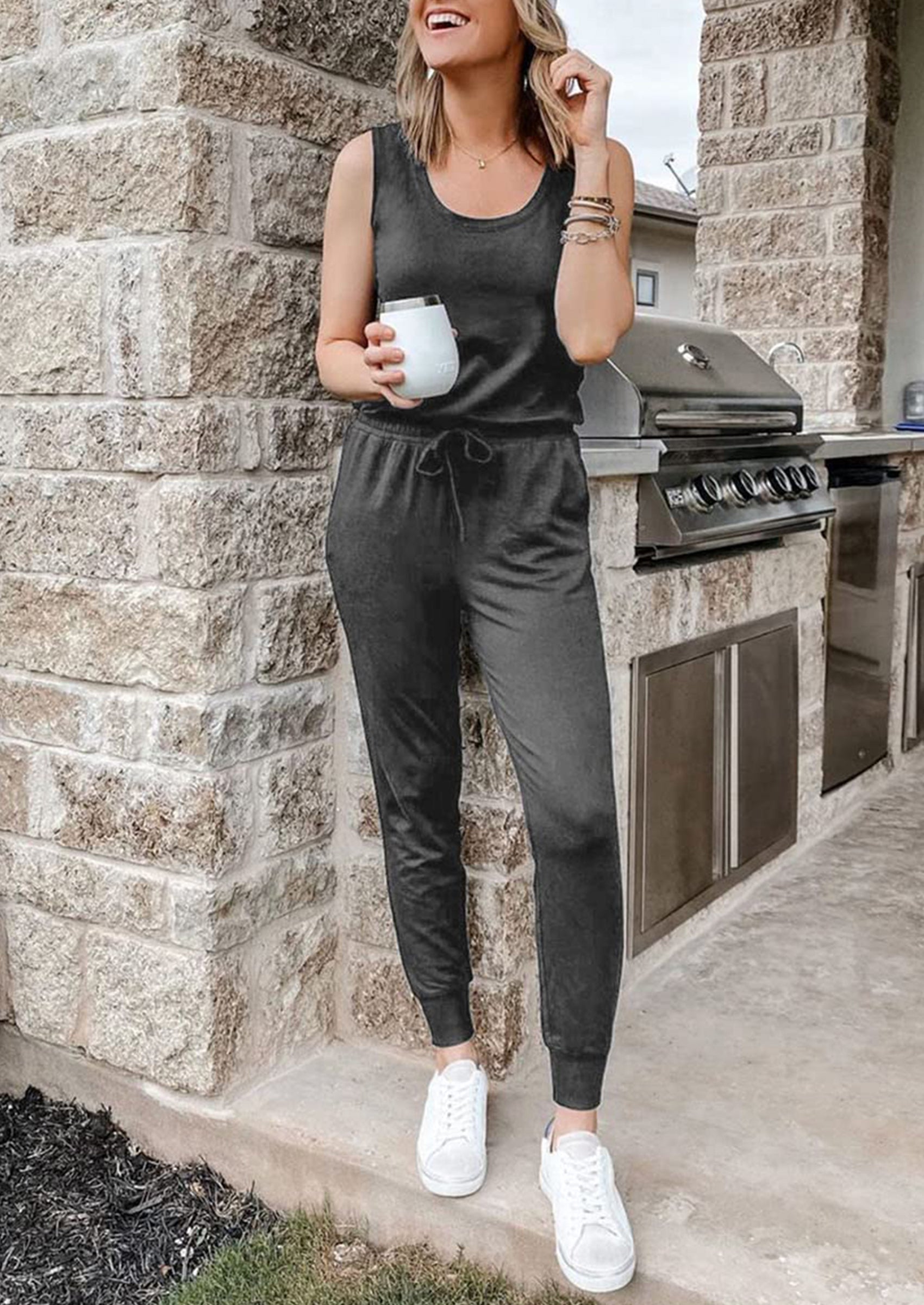Chichi Two Piece Outfit Sets Casual Sleeveless Crewneck Tops and Sweatpants Light Grey