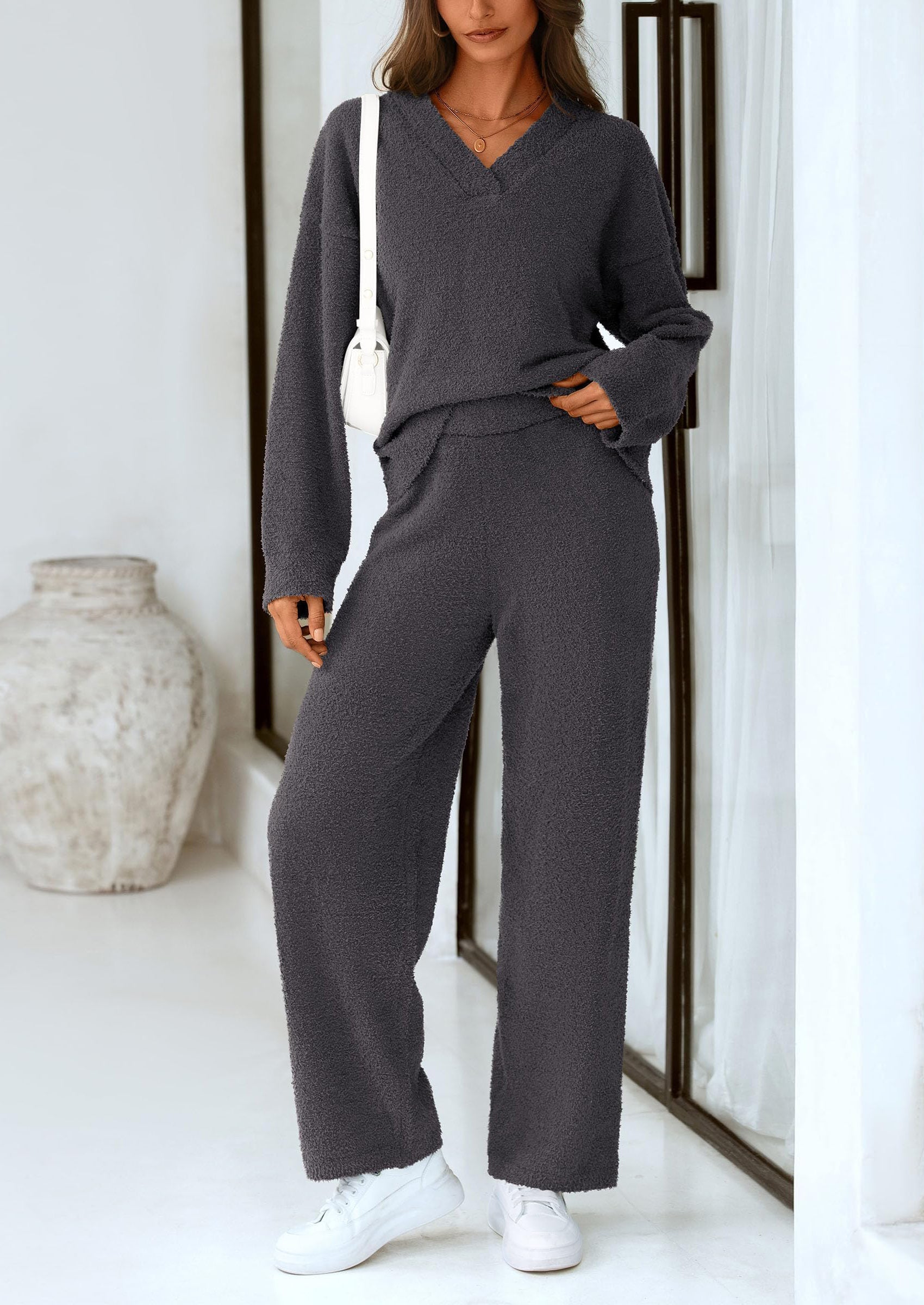 Chichi Lounge Sets for Women Two Piece Sweaters Pajama Set Fall Fashion Loungewear Outfits Matching Winter Clothes Dark Grey