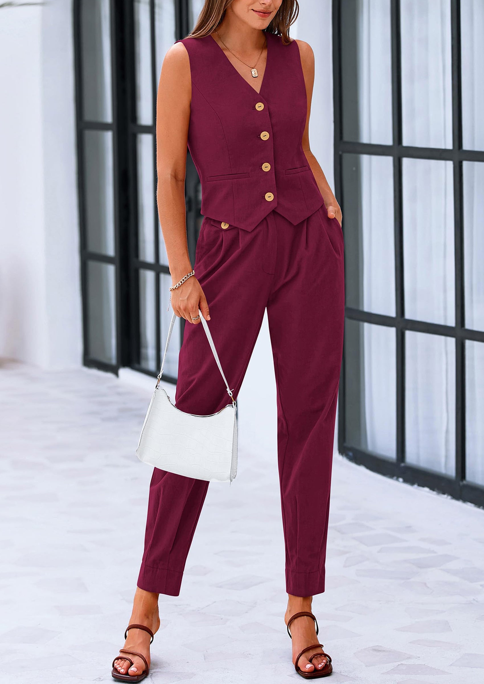 Chichi Two Piece V Neck Button Front Cropped Tank Tops Vest Pockets Pants Cotton Sets Dark Red