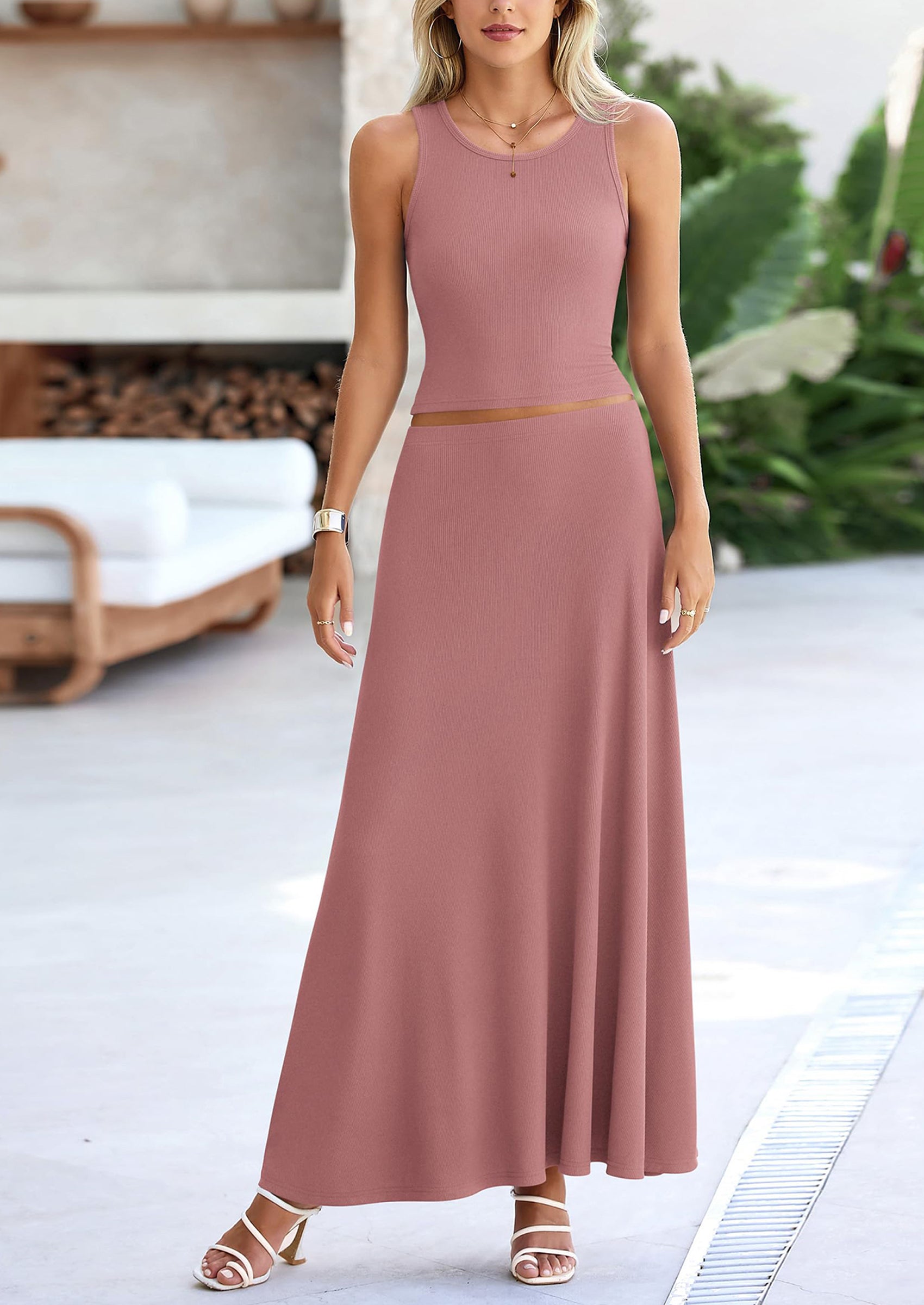 Chichi 2 Piece Maxi Skirt Sets Casual Knit Cropped Tank Top High Waisted Long Skirts Outfit Dusty Pink