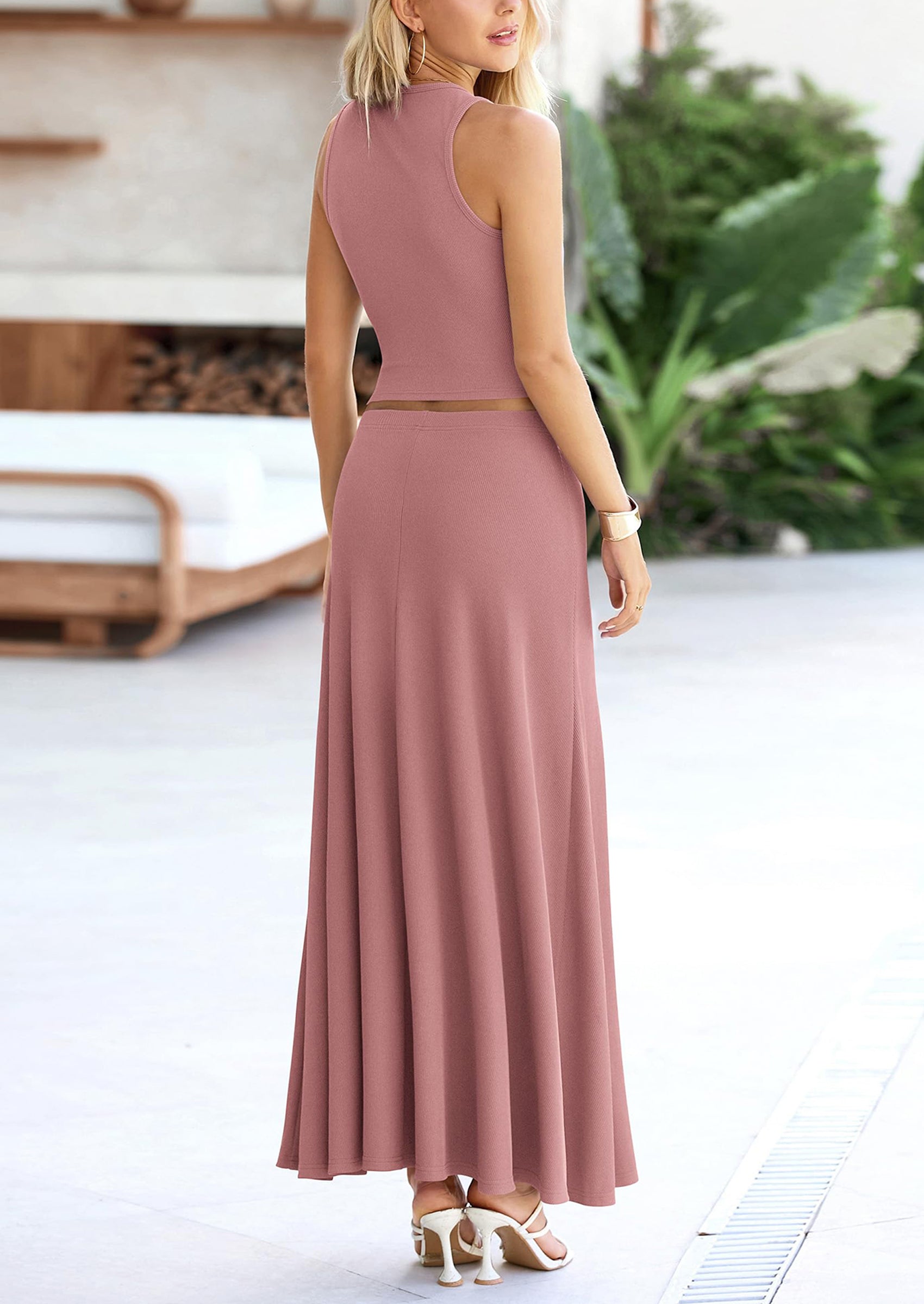 Chichi 2 Piece Maxi Skirt Sets Casual Knit Cropped Tank Top High Waisted Long Skirts Outfit Dusty Pink
