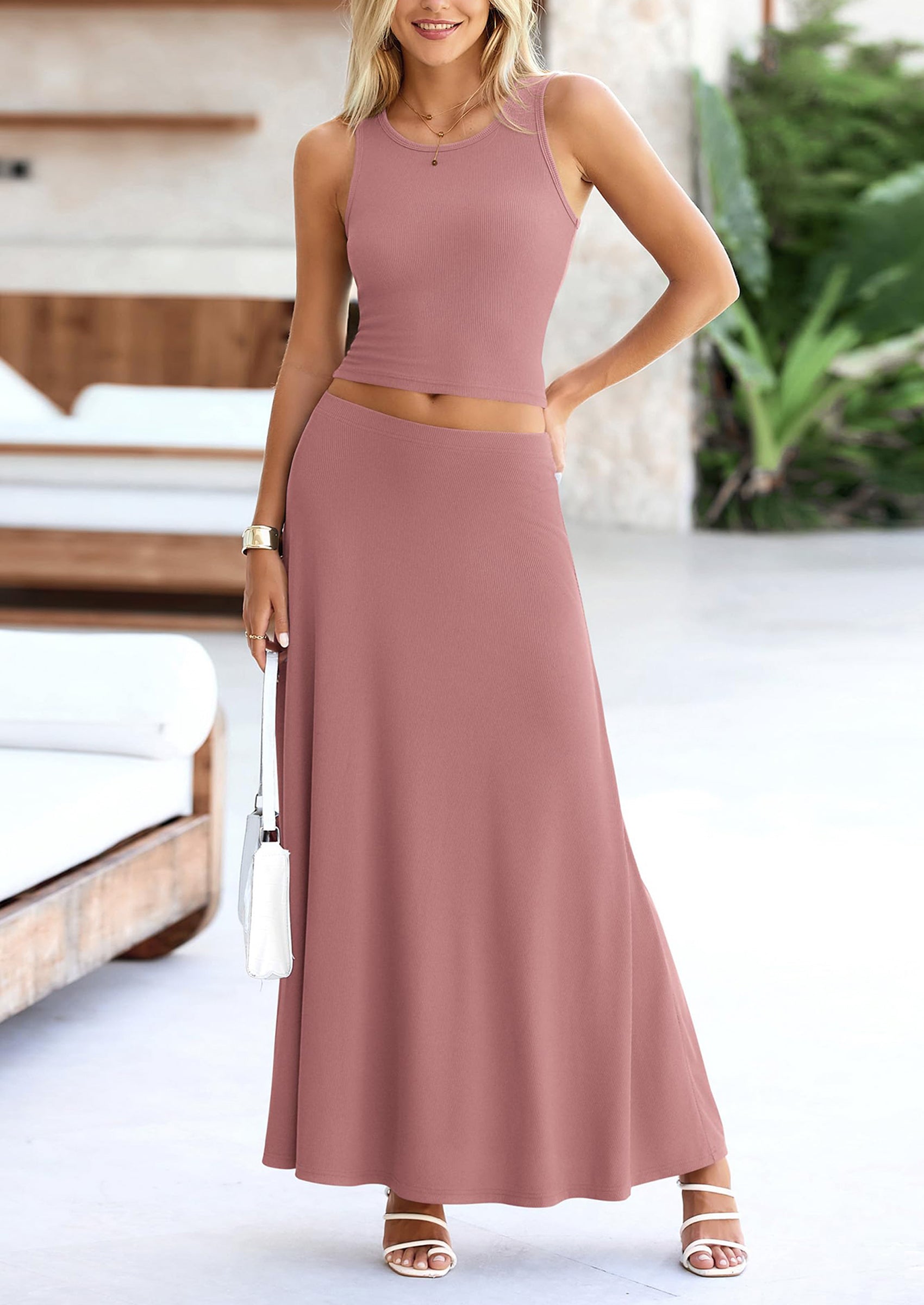 Chichi 2 Piece Maxi Skirt Sets Casual Knit Cropped Tank Top High Waisted Long Skirts Outfit Dusty Pink