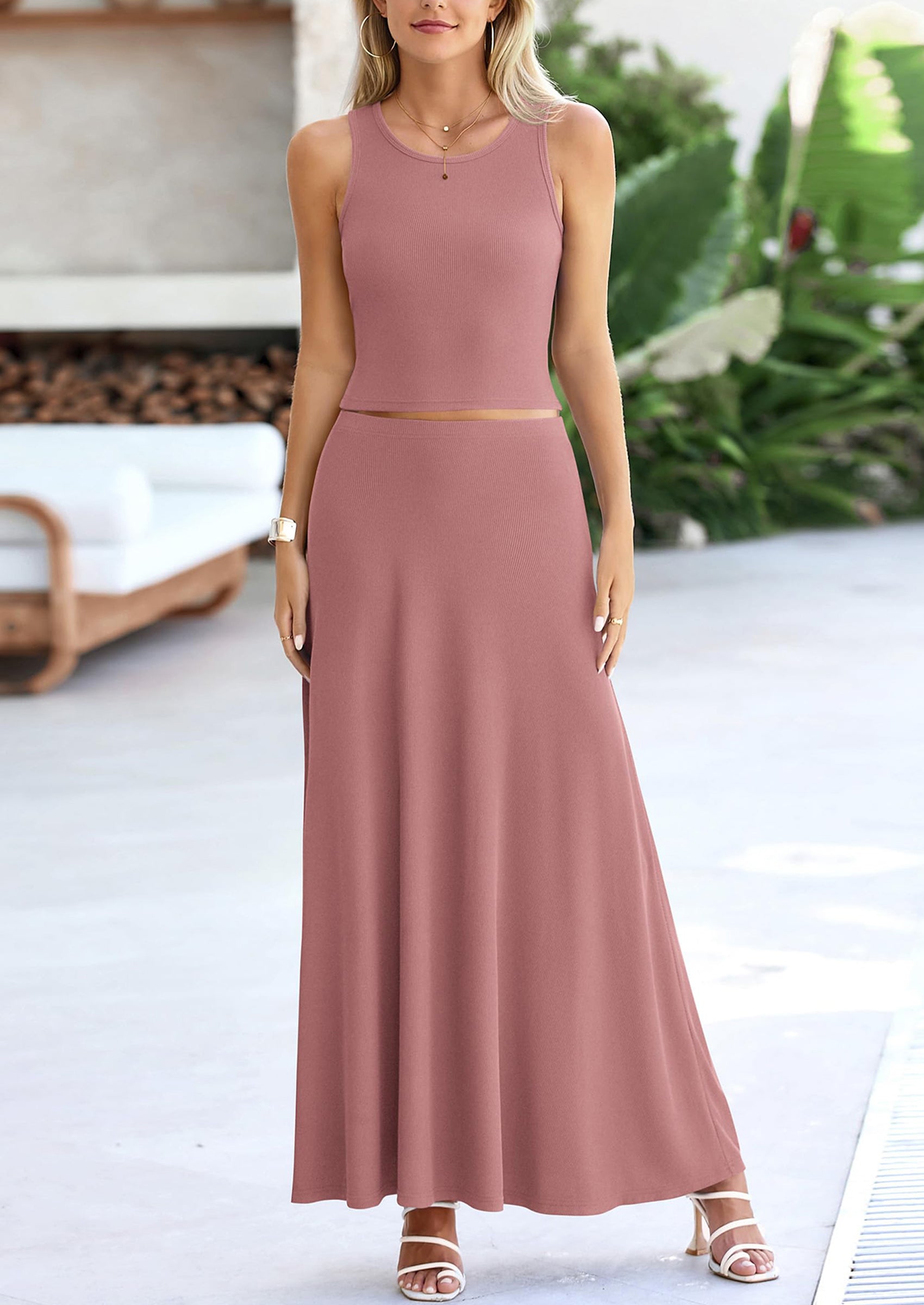 Chichi 2 Piece Maxi Skirt Sets Casual Knit Cropped Tank Top High Waisted Long Skirts Outfit Dusty Pink